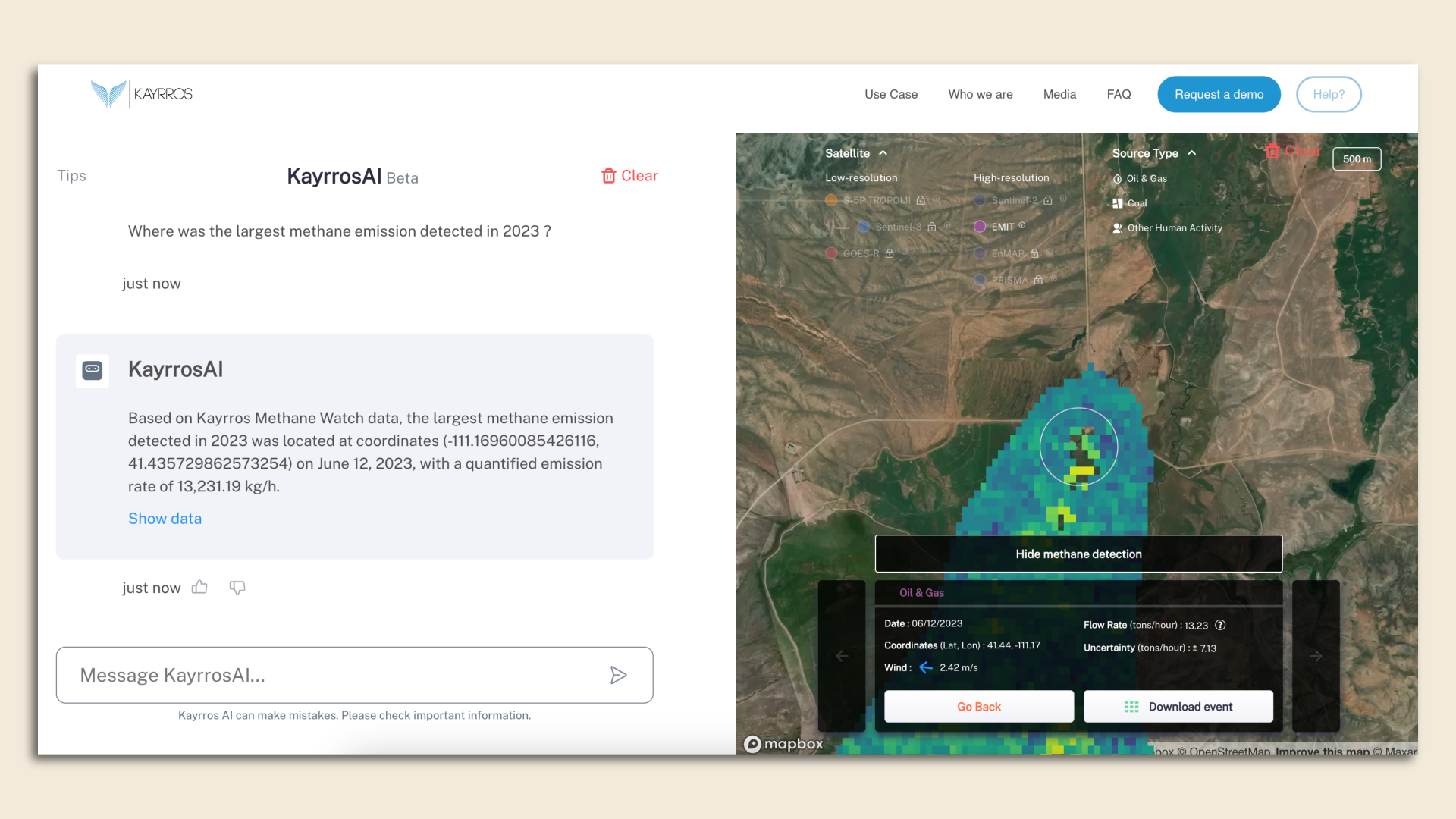 Screenshot from Kayrros' new AI product, showing a text language prompt, the answer, and data. 