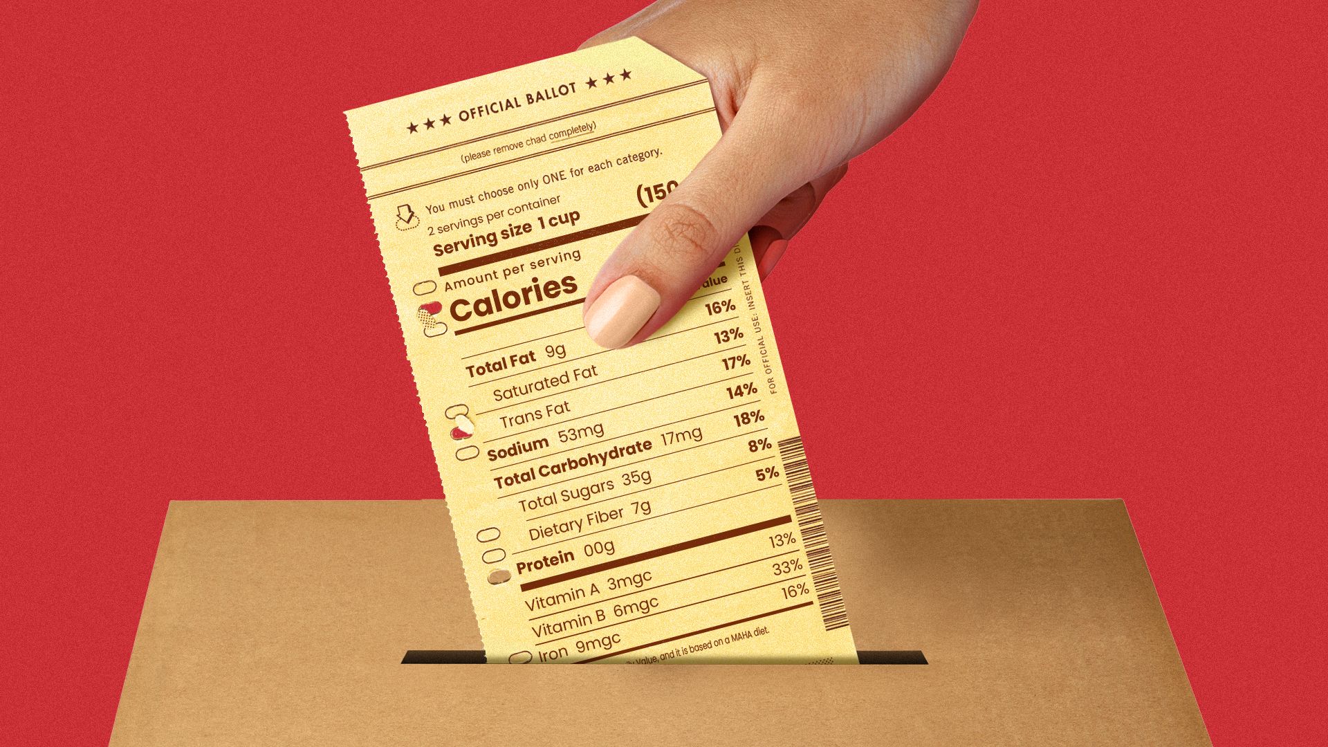 Illustration of a hand casting an official ballot resembling a nutrition label into a ballot box.
