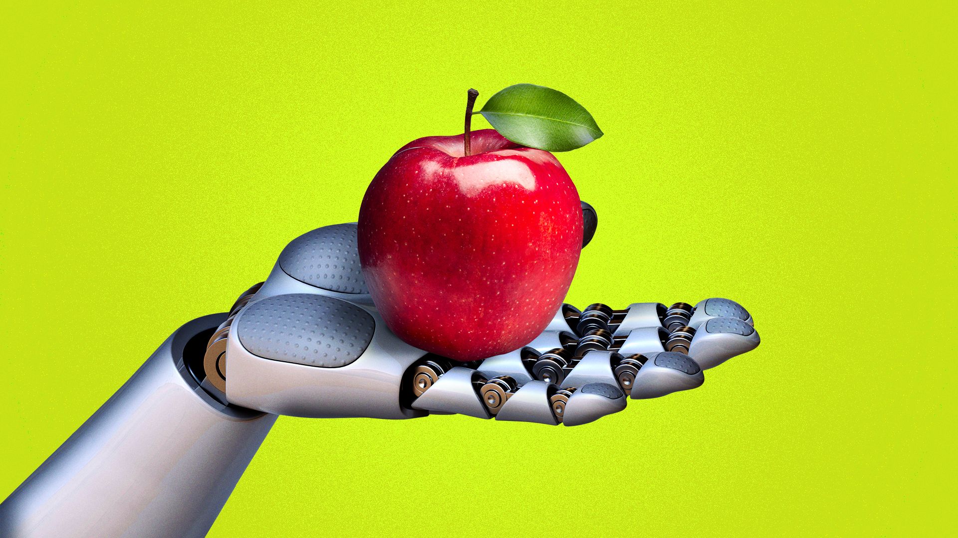 Illustration of a robot hand holding an apple.