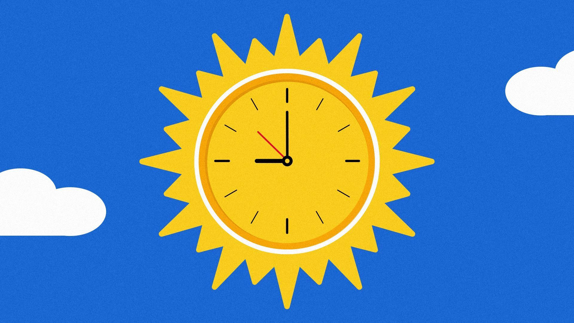 An illustration of the sun with a clock in the middle, in the sky with clouds to the side. 