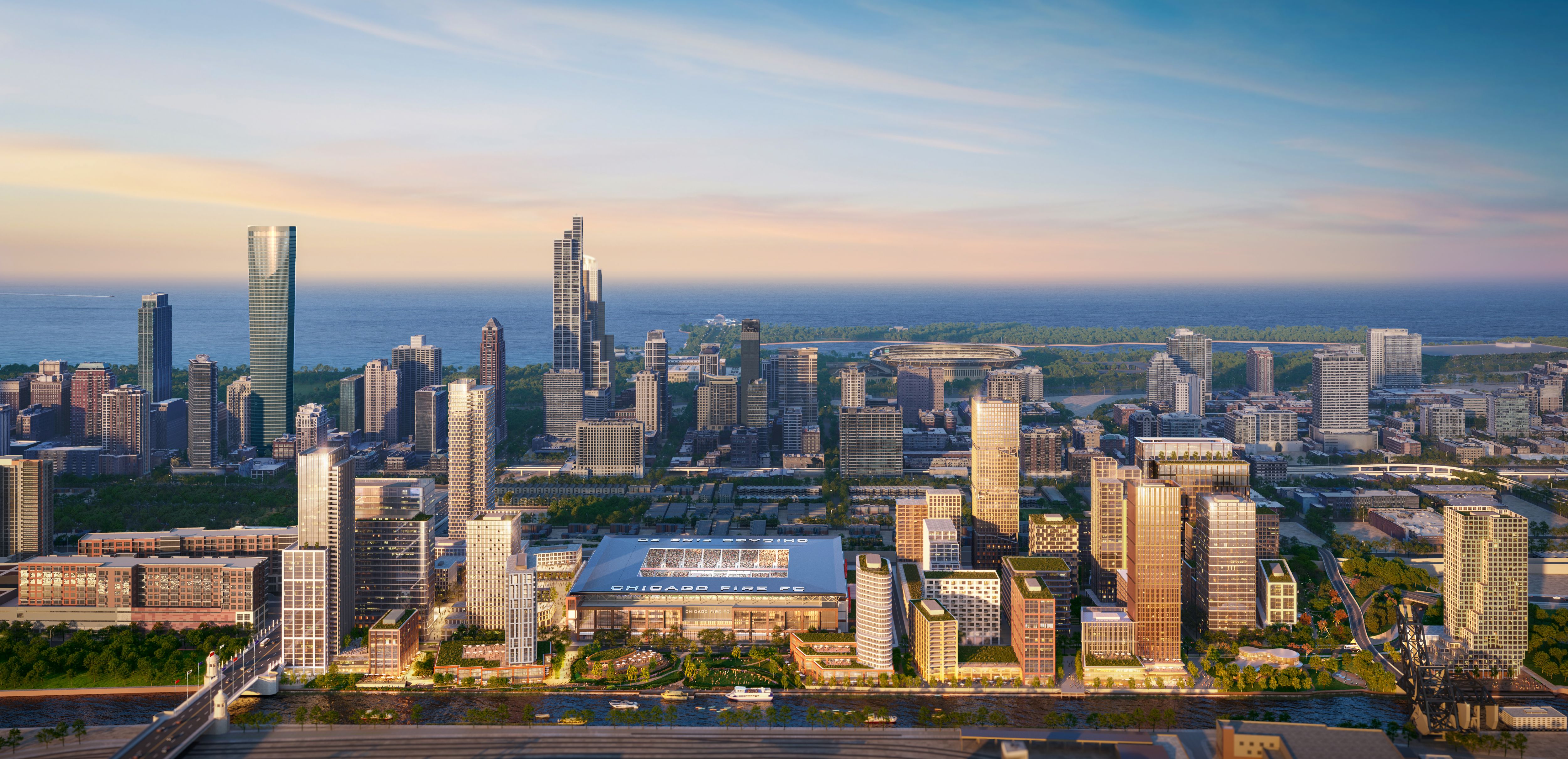 Rendering of a soccer stadium nestled between buildings