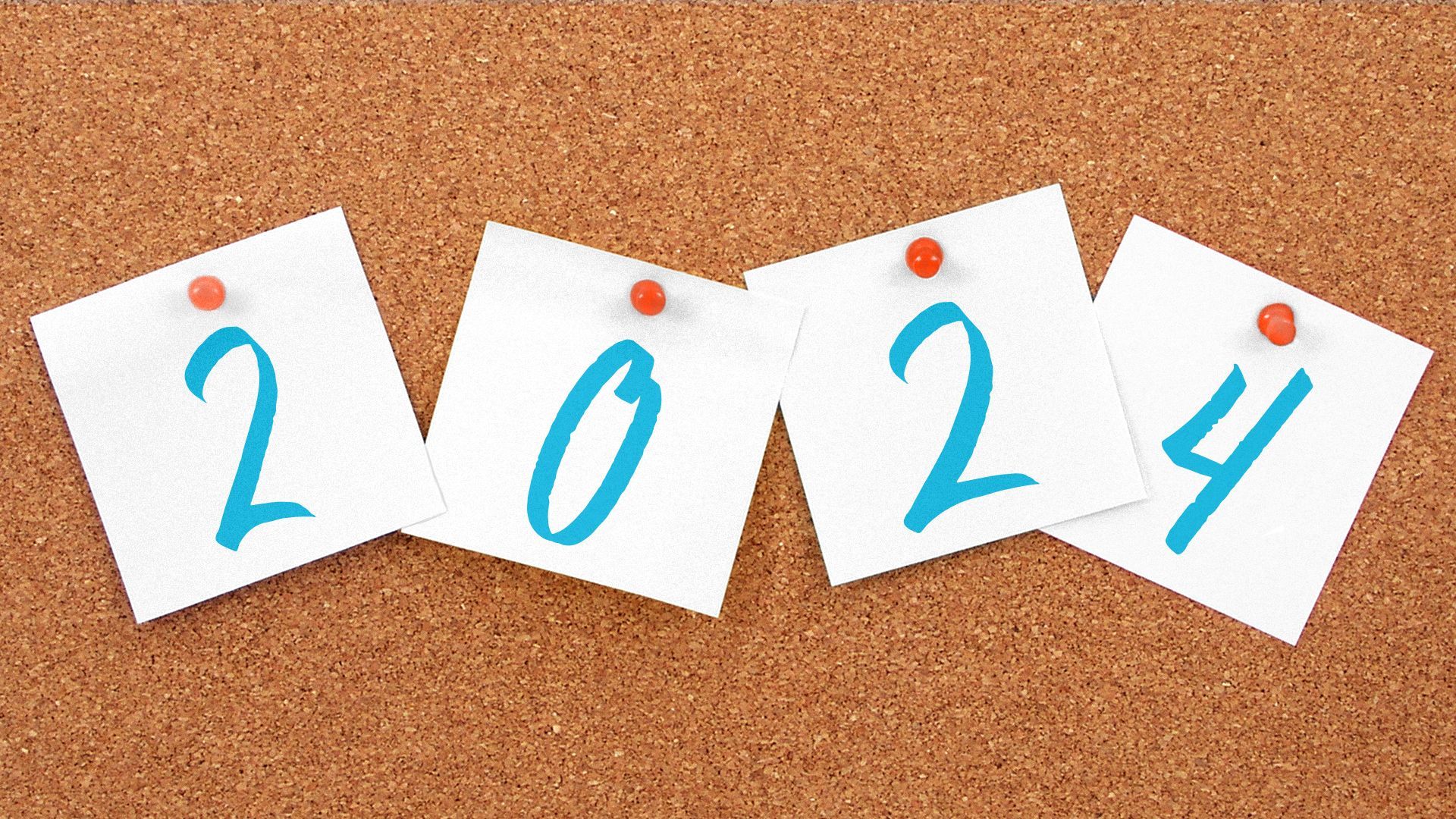 Illustration of "2024" written on four sheets of paper on a corkboard.