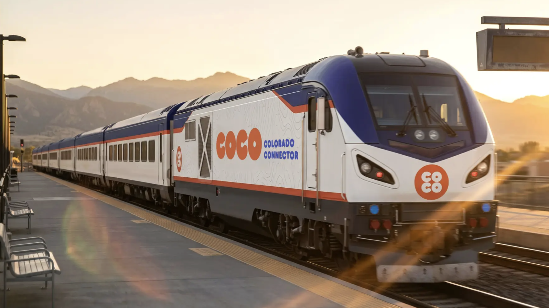 Modern COCO Colorado Connector passenger train at a sunlit mountain station. White carriages with blue nose and orange stripe, logo on side; platform benches, tracks, and a sign at sunset.