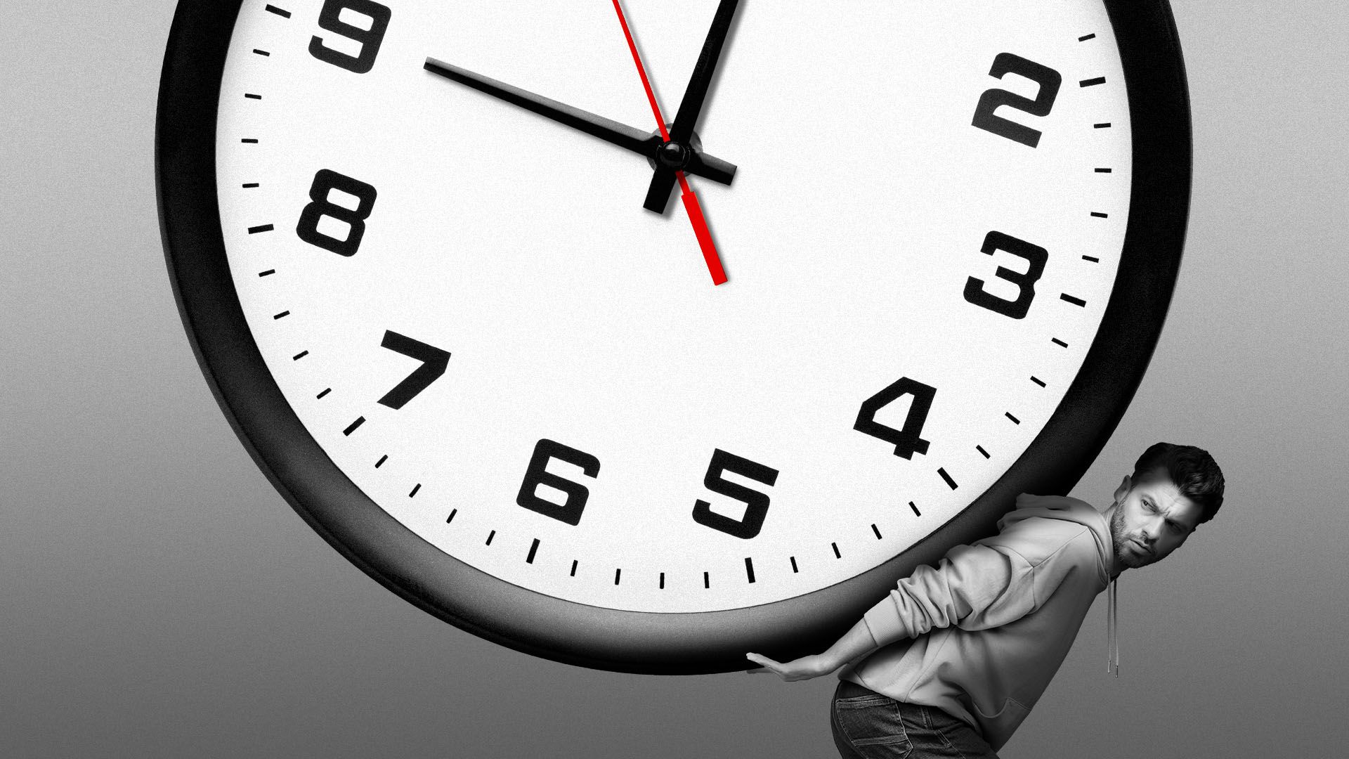 Illustration of a young man holding a giant clock on his back