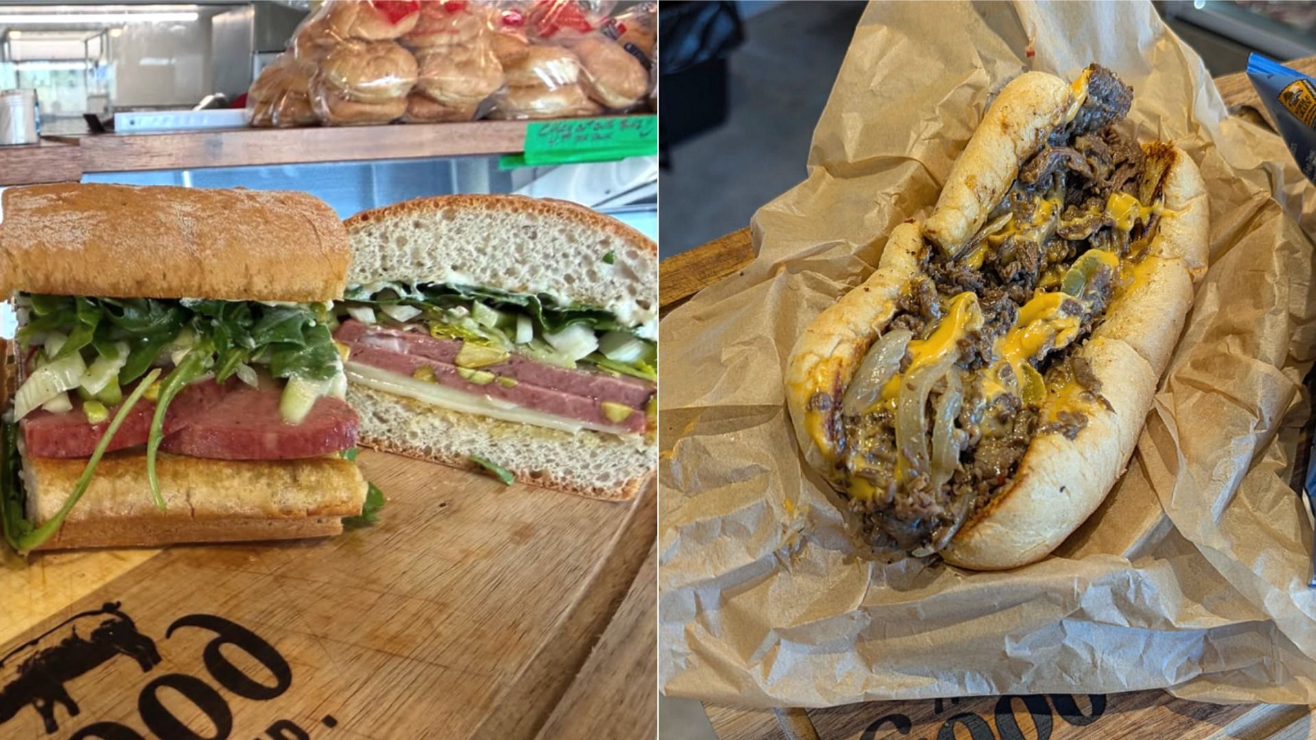 Left: a large deli sub with lettuce, cucumber and ham on crusty bread. Right: a long Philly cheesesteak with beef, onions and melted cheese in a wrapped bun.