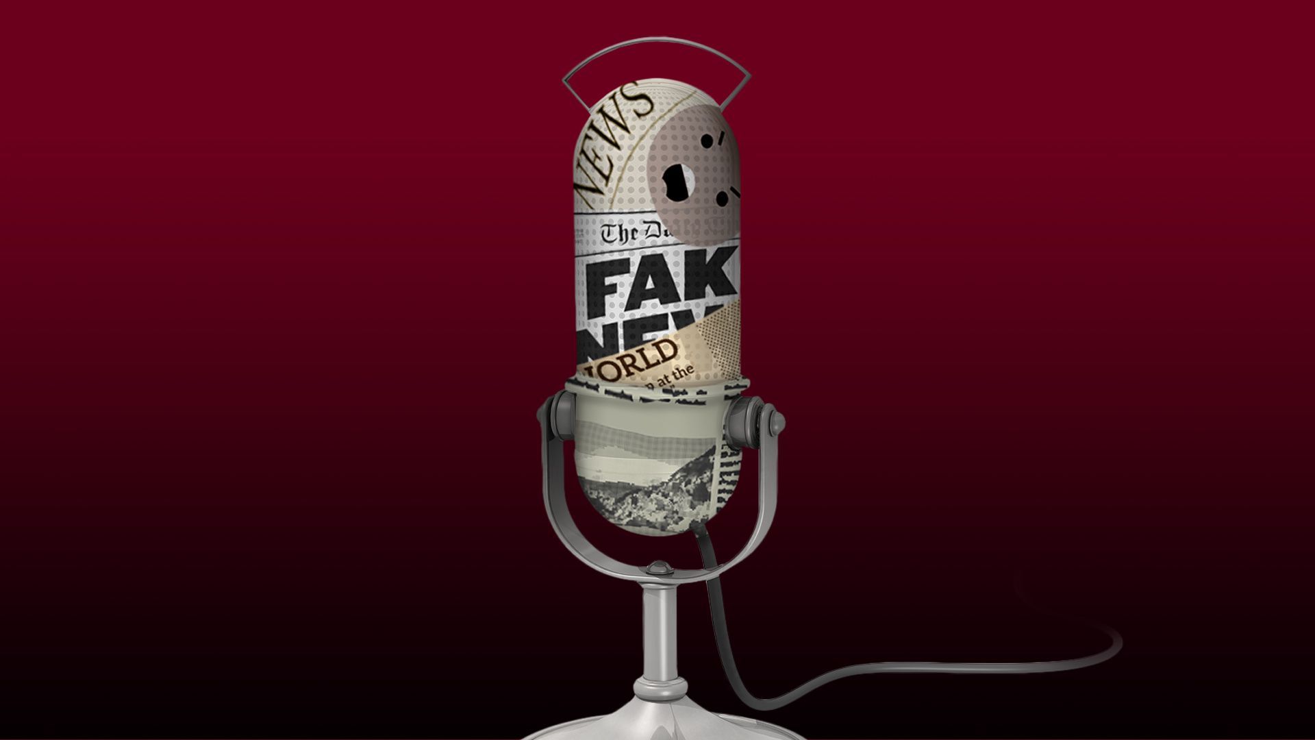 Illustration of a desktop microphone wrapped in newspaper clippings