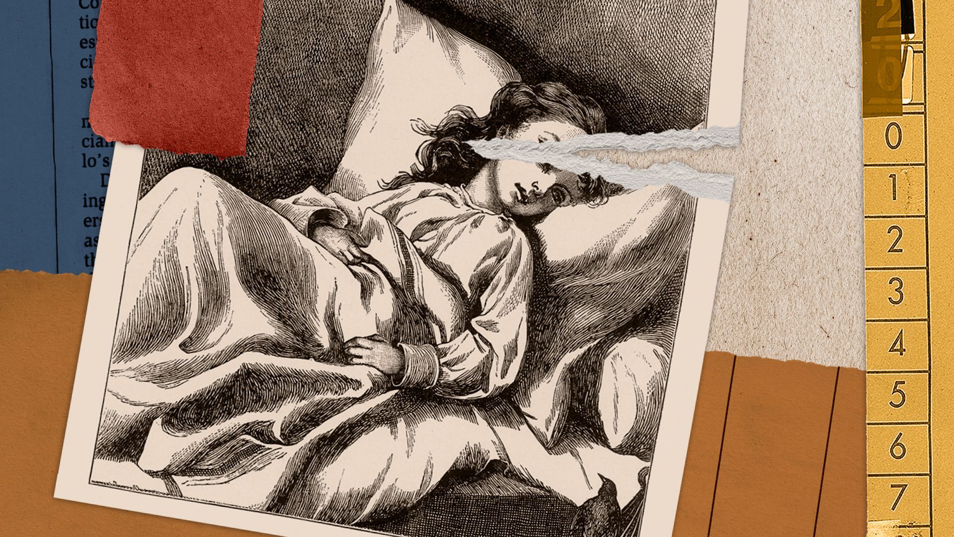 Illustration of a vintage, ripped photo of a sick child.