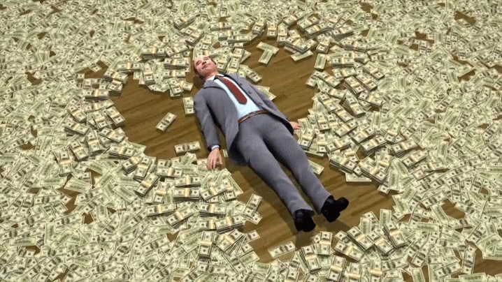 An animated image of a man making a "money angel" in a pile of money
