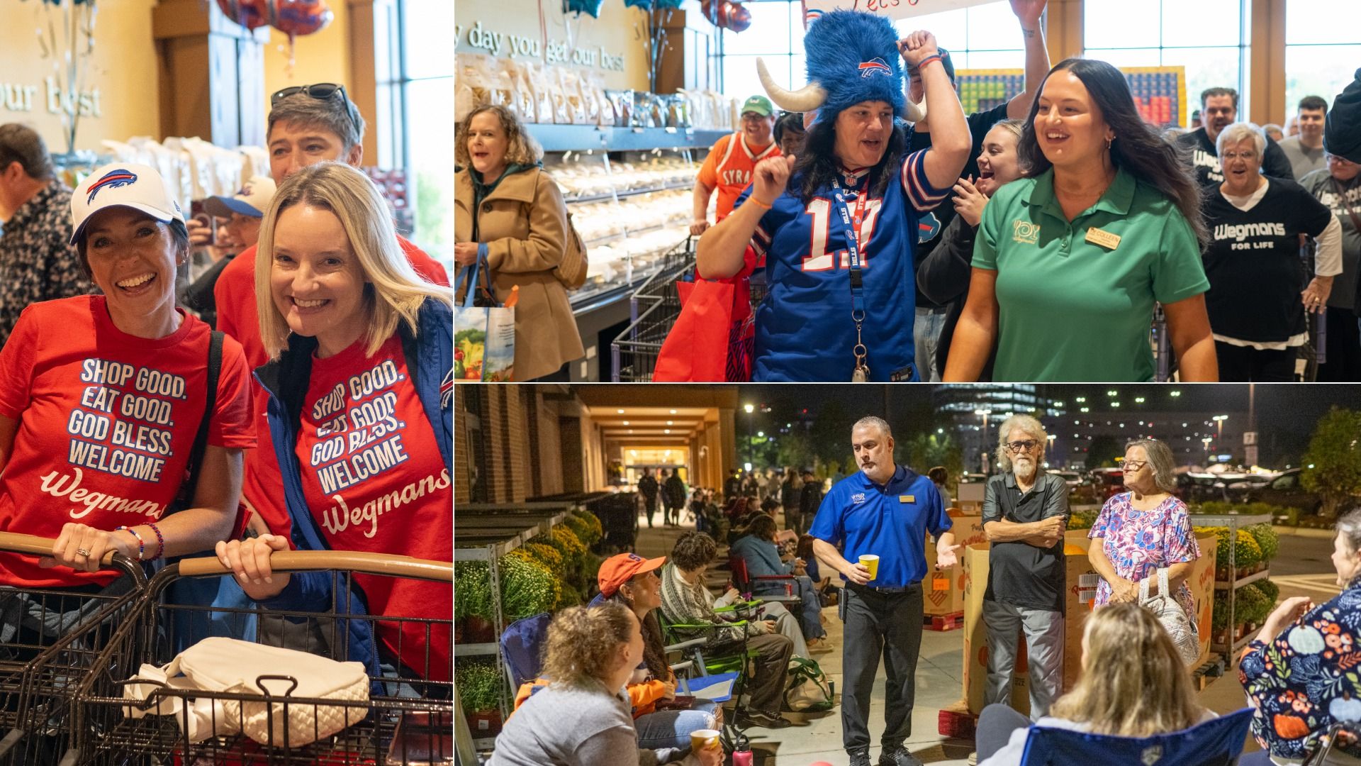 Collage of Wegmans shoppers and staff: left shows two women in red "Shop Good" shirts at a shopping cart; center a Bills fan in blue cheering; right a green polo worker with volunteers at night.