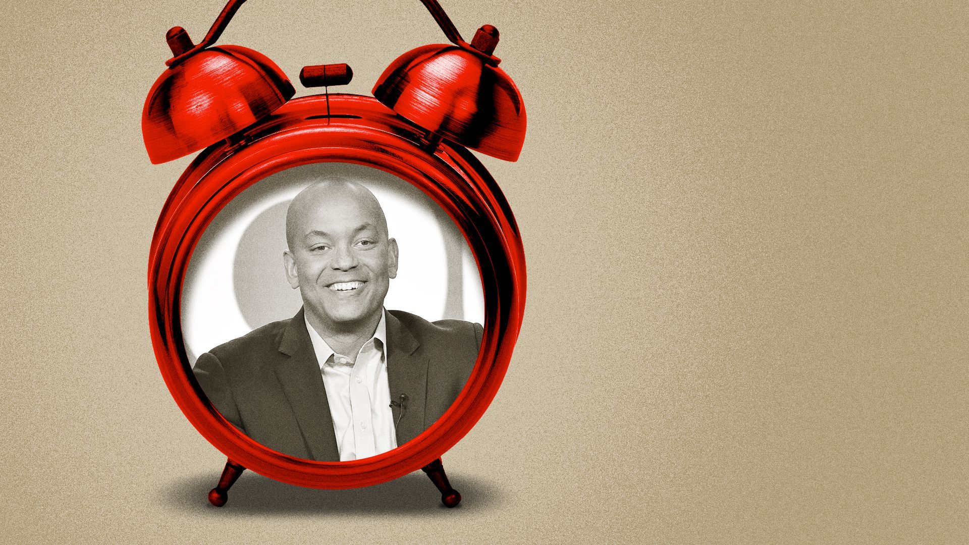 Photo illustration collage of Geoff Bennett inside a red alarm clock.