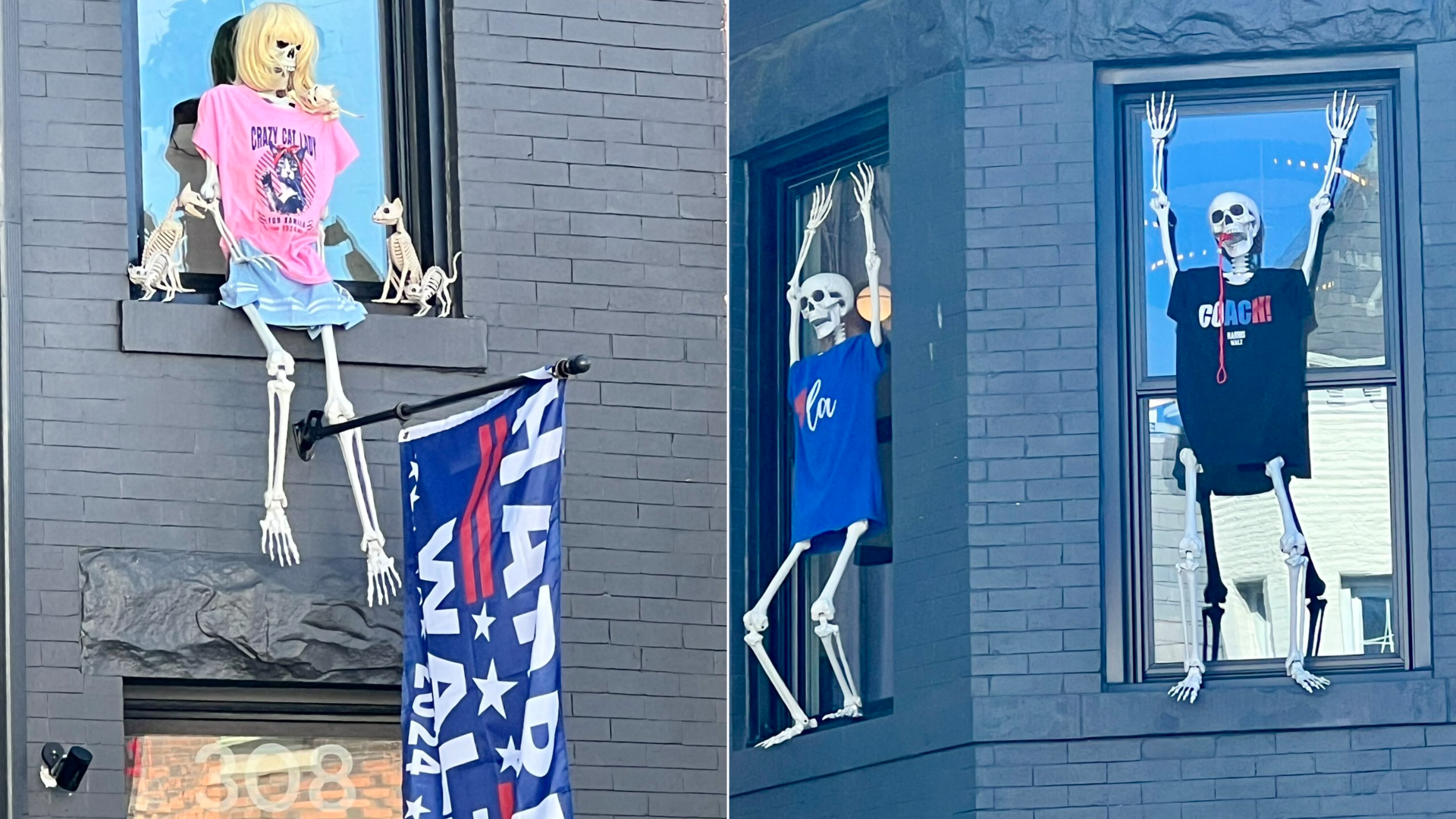 Two side-by-side photos showing Halloween skeletons wearing political apparel in support of Vice President Kamala Harris.