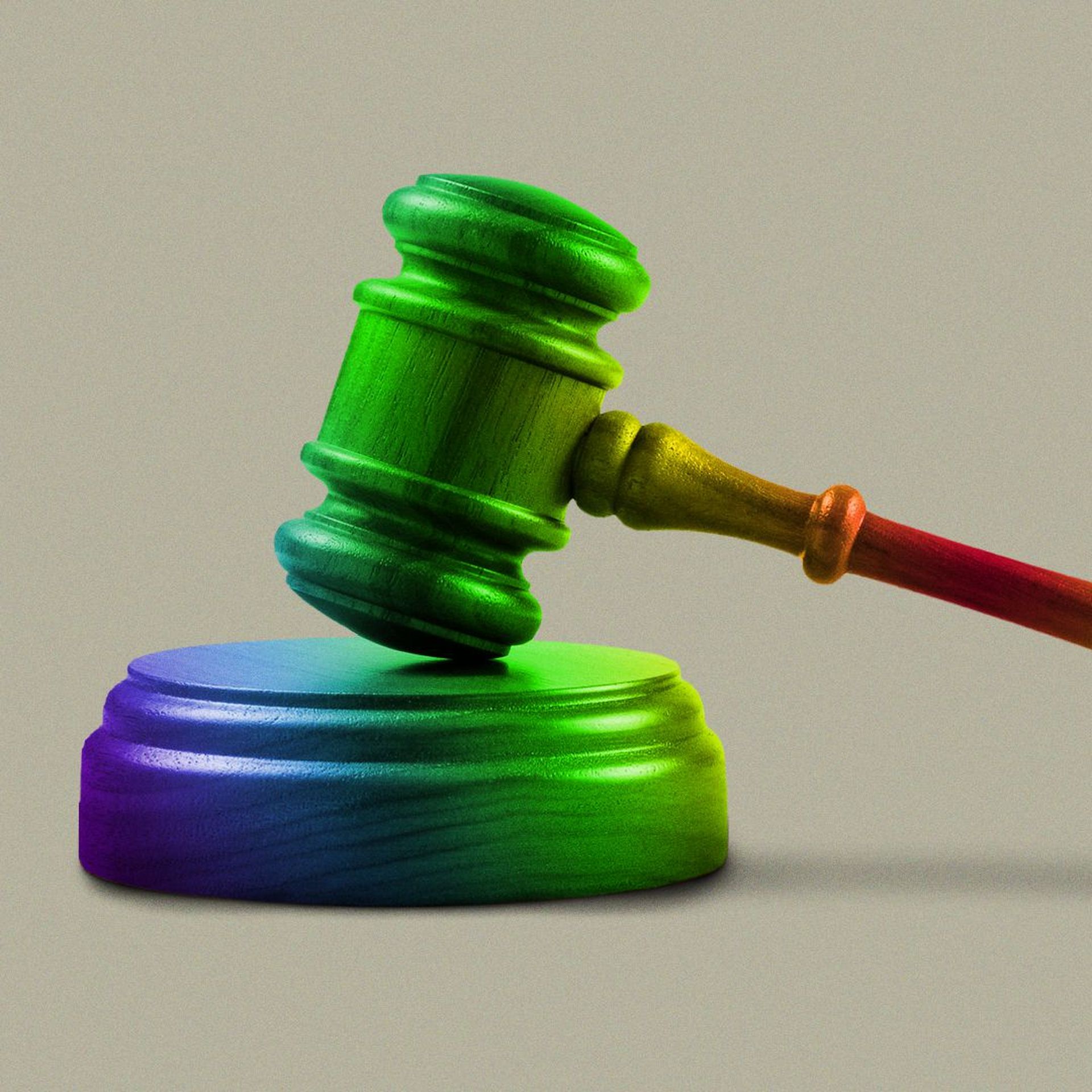 Illustration of a rainbow-colored gavel. 