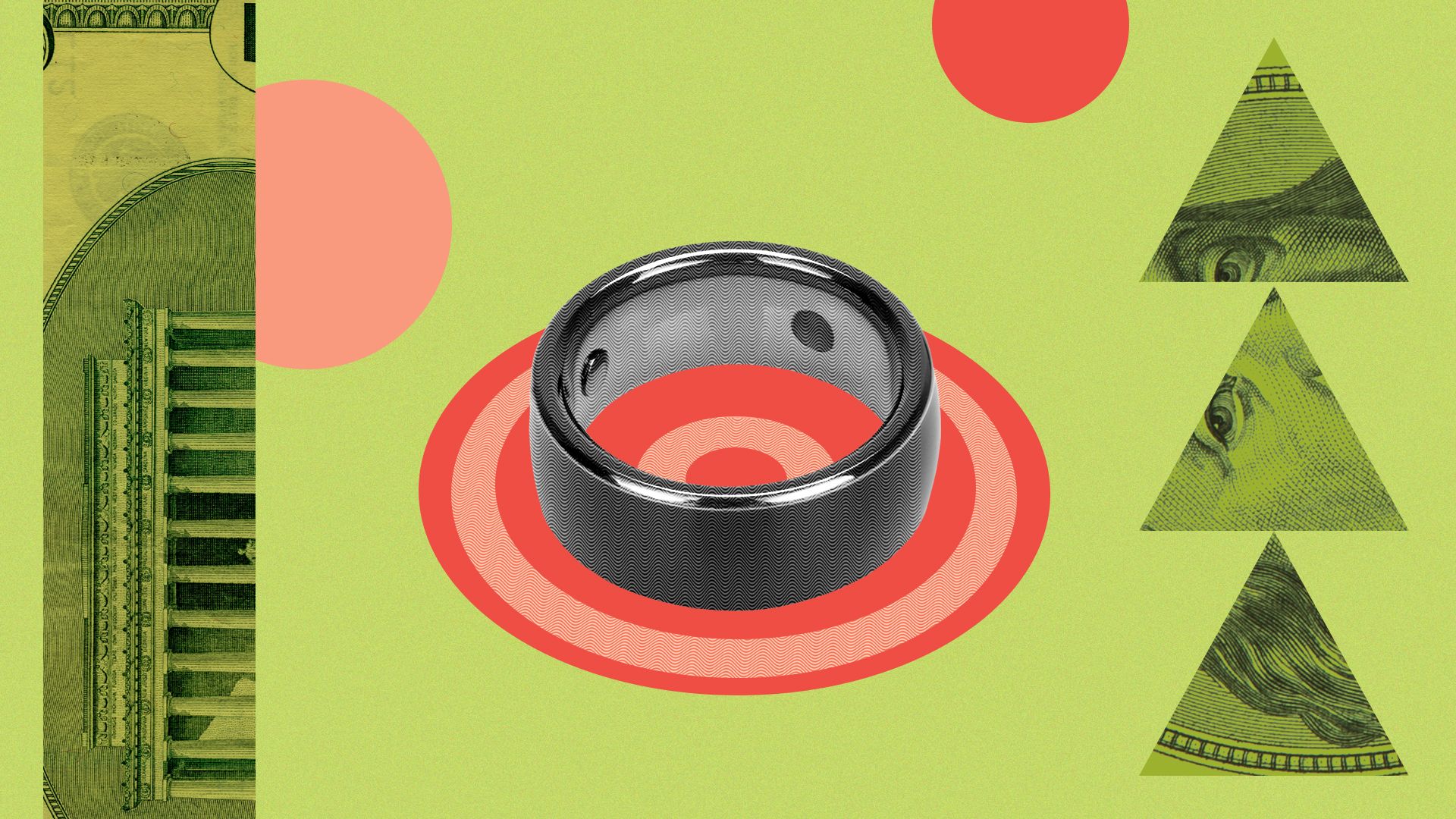 Illustration of a wearable smart ring surrounded by pieces of money and various shapes