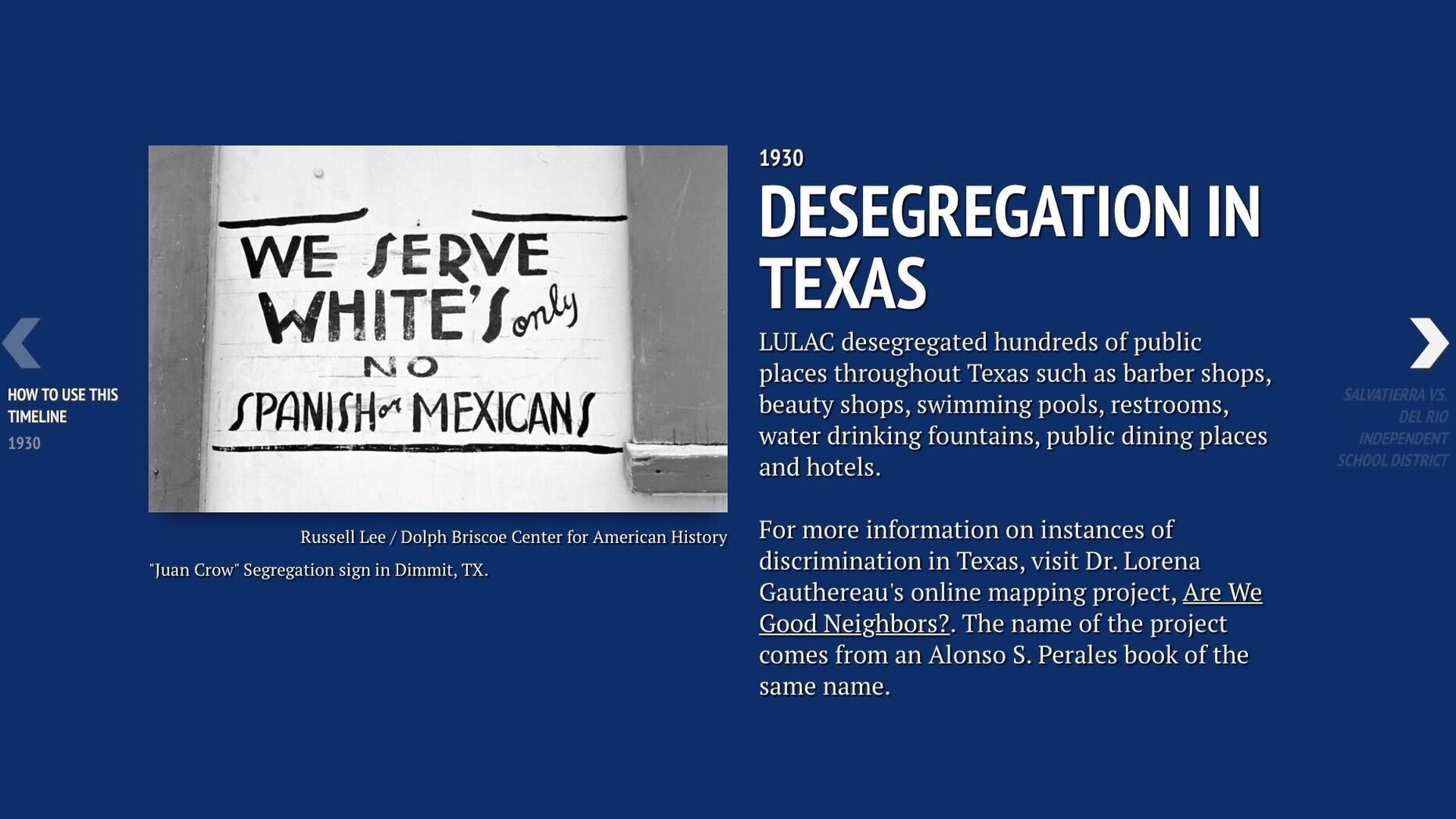 Part of the timeline focused on Desegregation in Texas