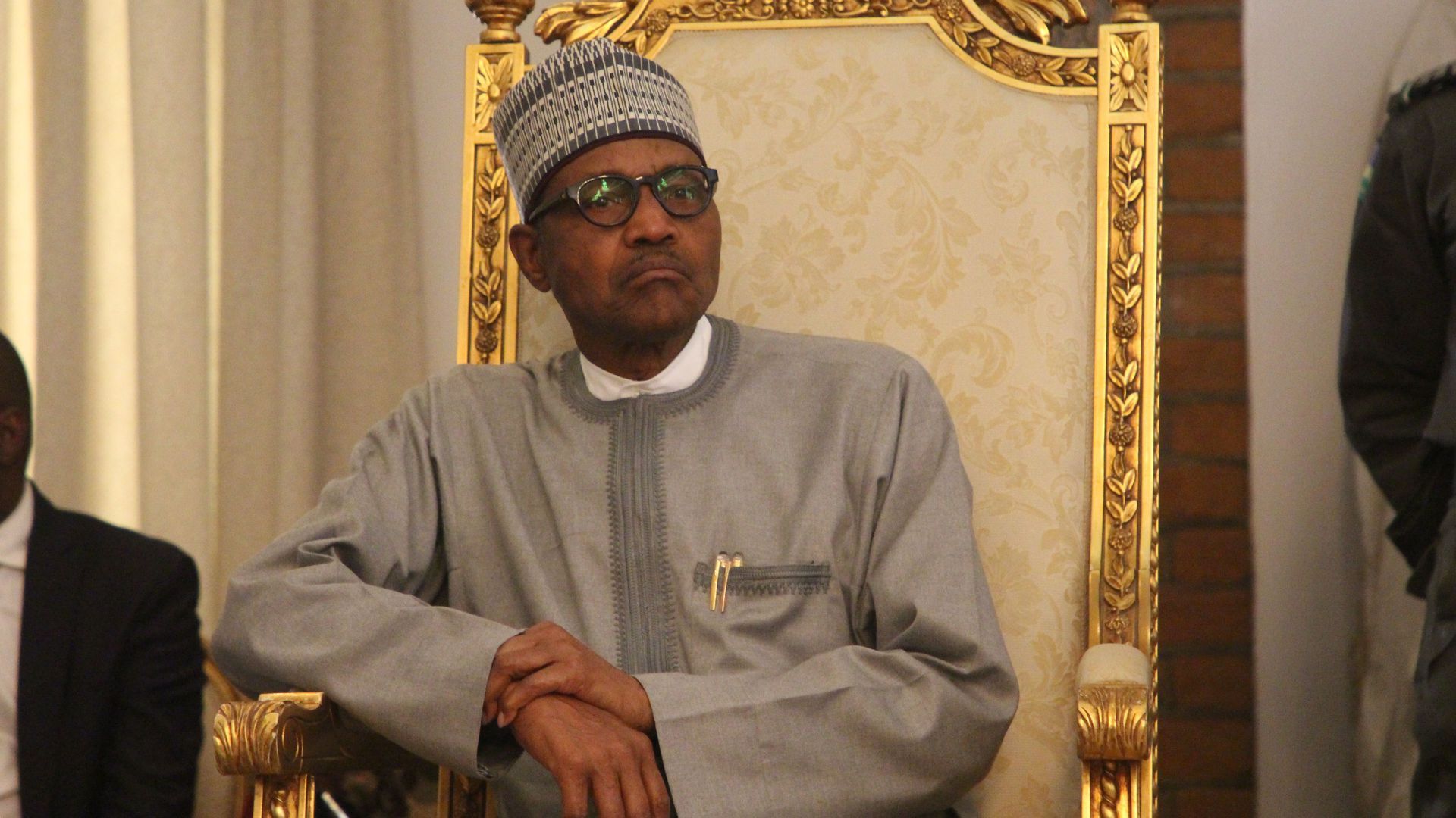 President of Nigeria Muhammadu Buhari in Maiduguri sitting at a throne in February 2020. 
