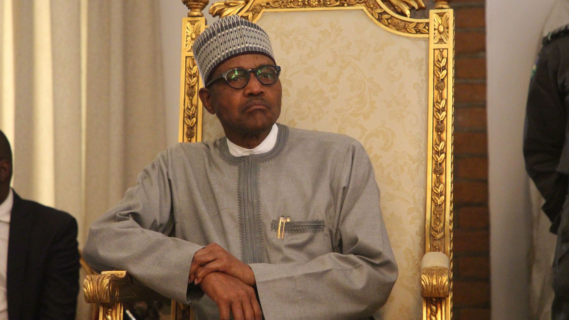 President of Nigeria Muhammadu Buhari in Maiduguri sitting at a throne in February 2020.