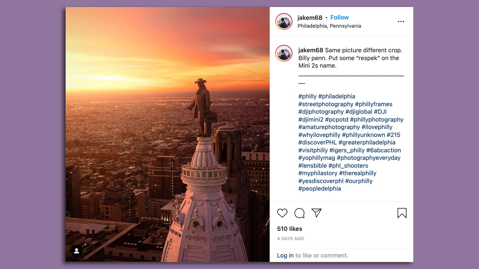 A view of Billy Penn standing atop City Hall as the sun rises. 
