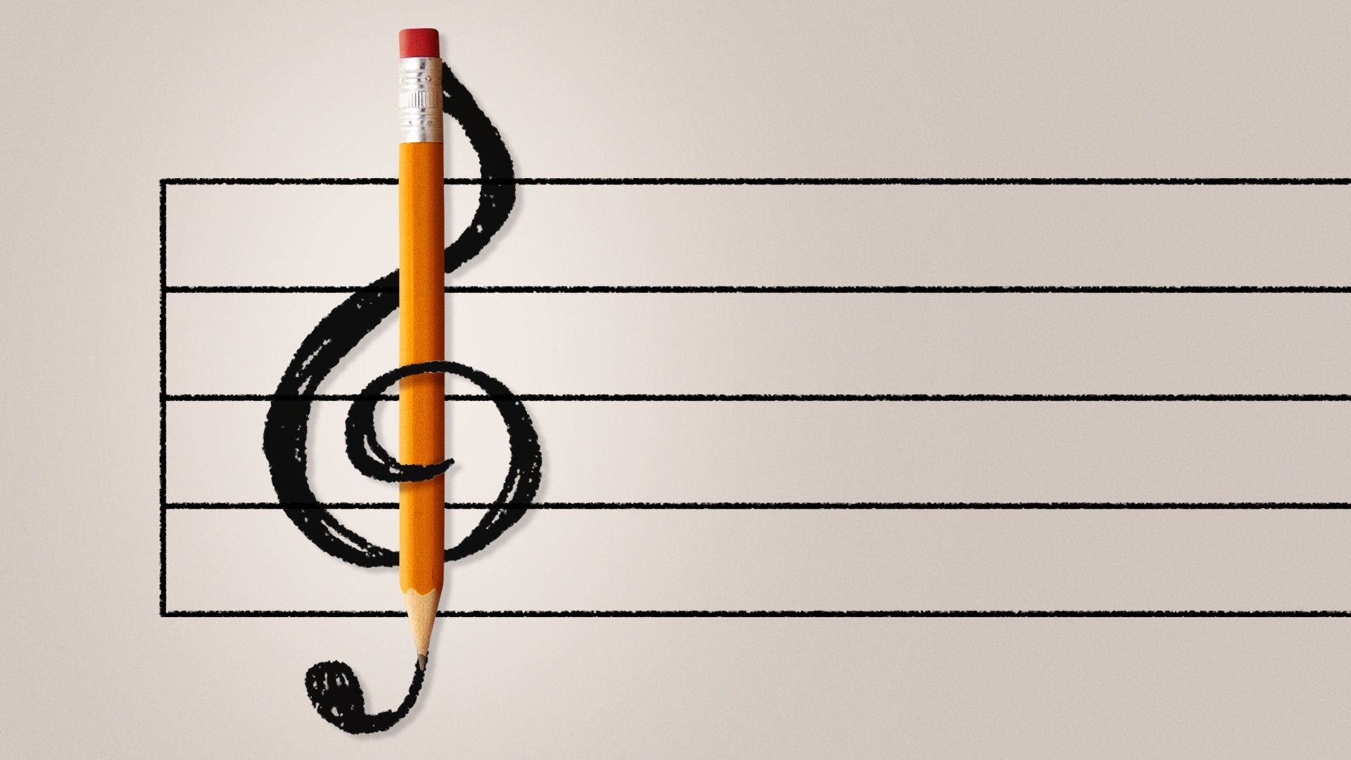 Illustration of a treble clef made out of a pencil.