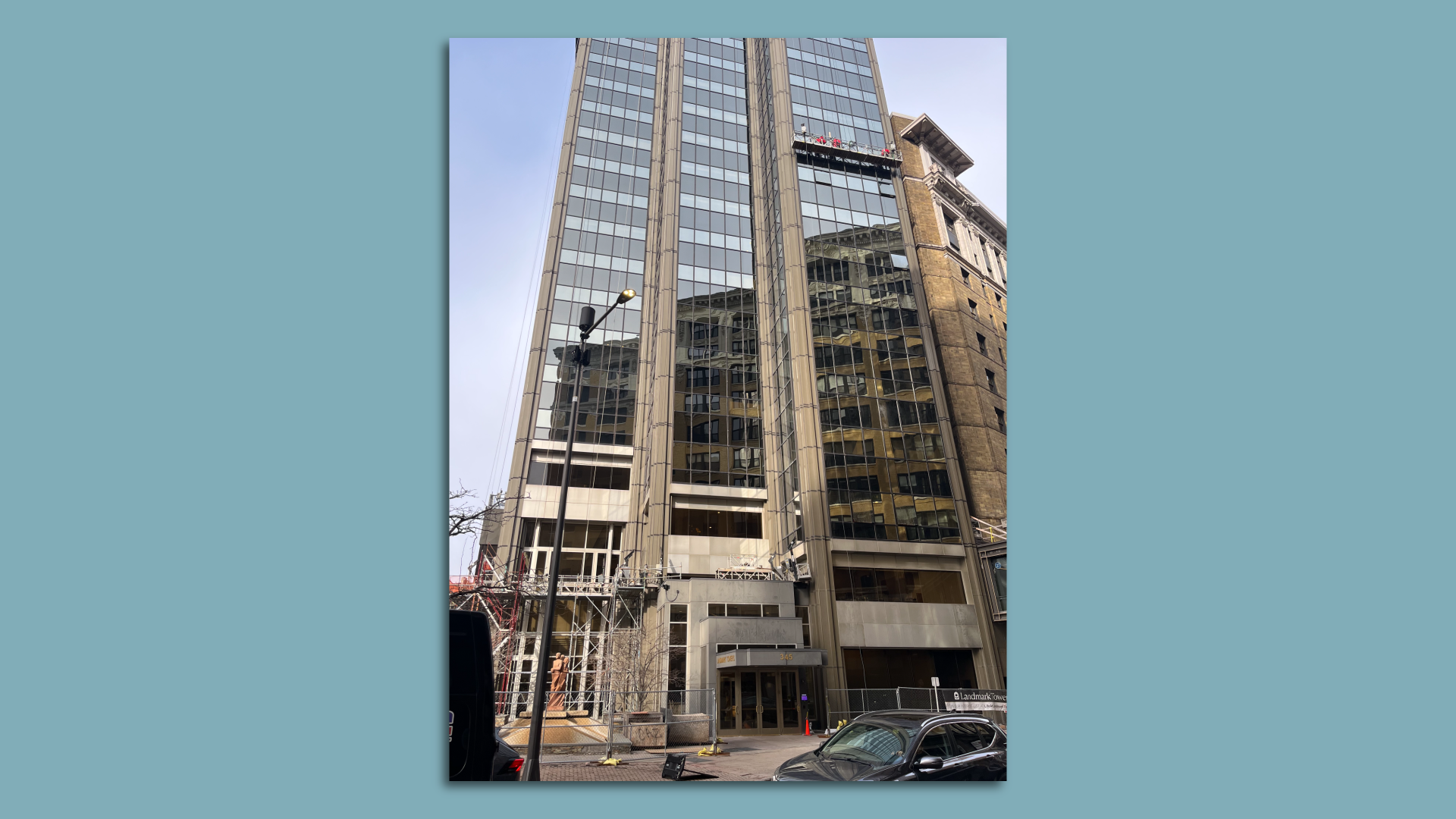 A photo of the outside of the tower, with glass