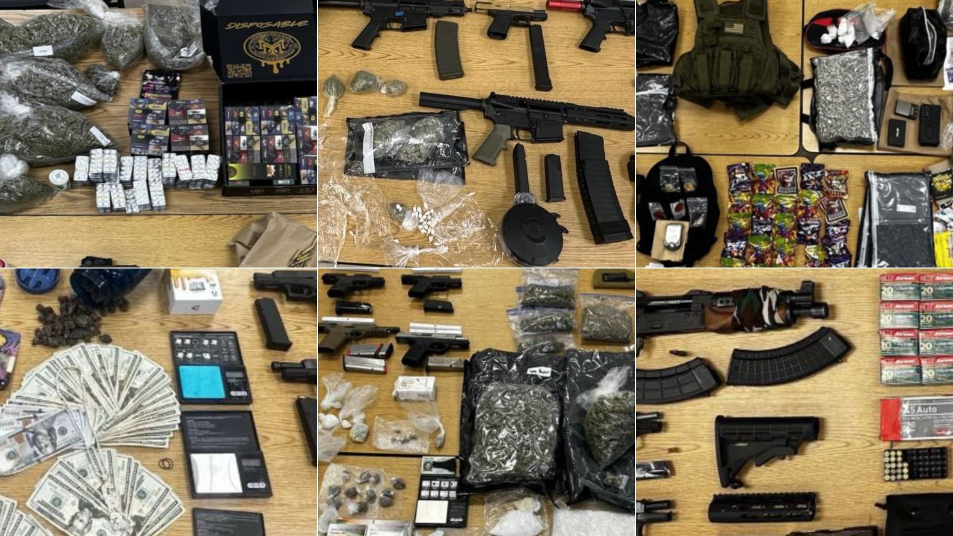 A collage of six photos of guns, drugs and money laid out on tables.