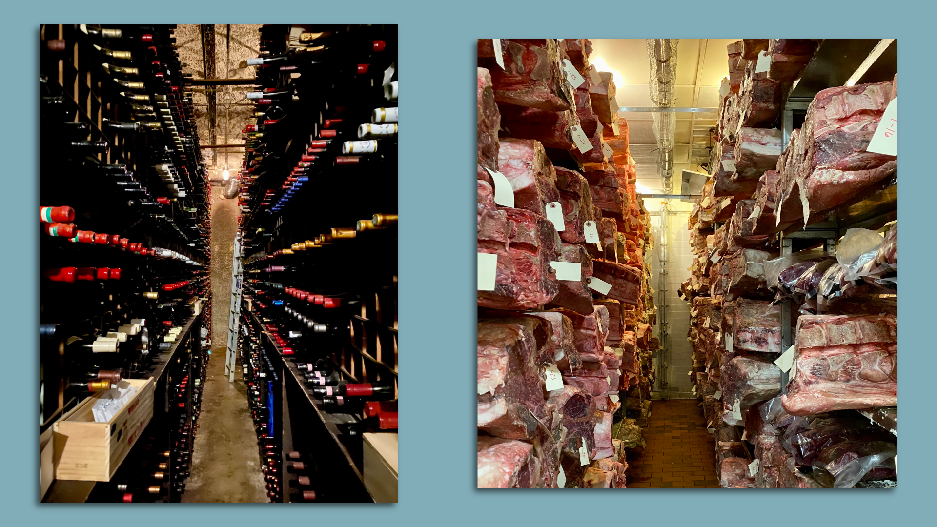Side-by-side images of a crowded wine cellar and meat locker at Bern's Steakhouse.