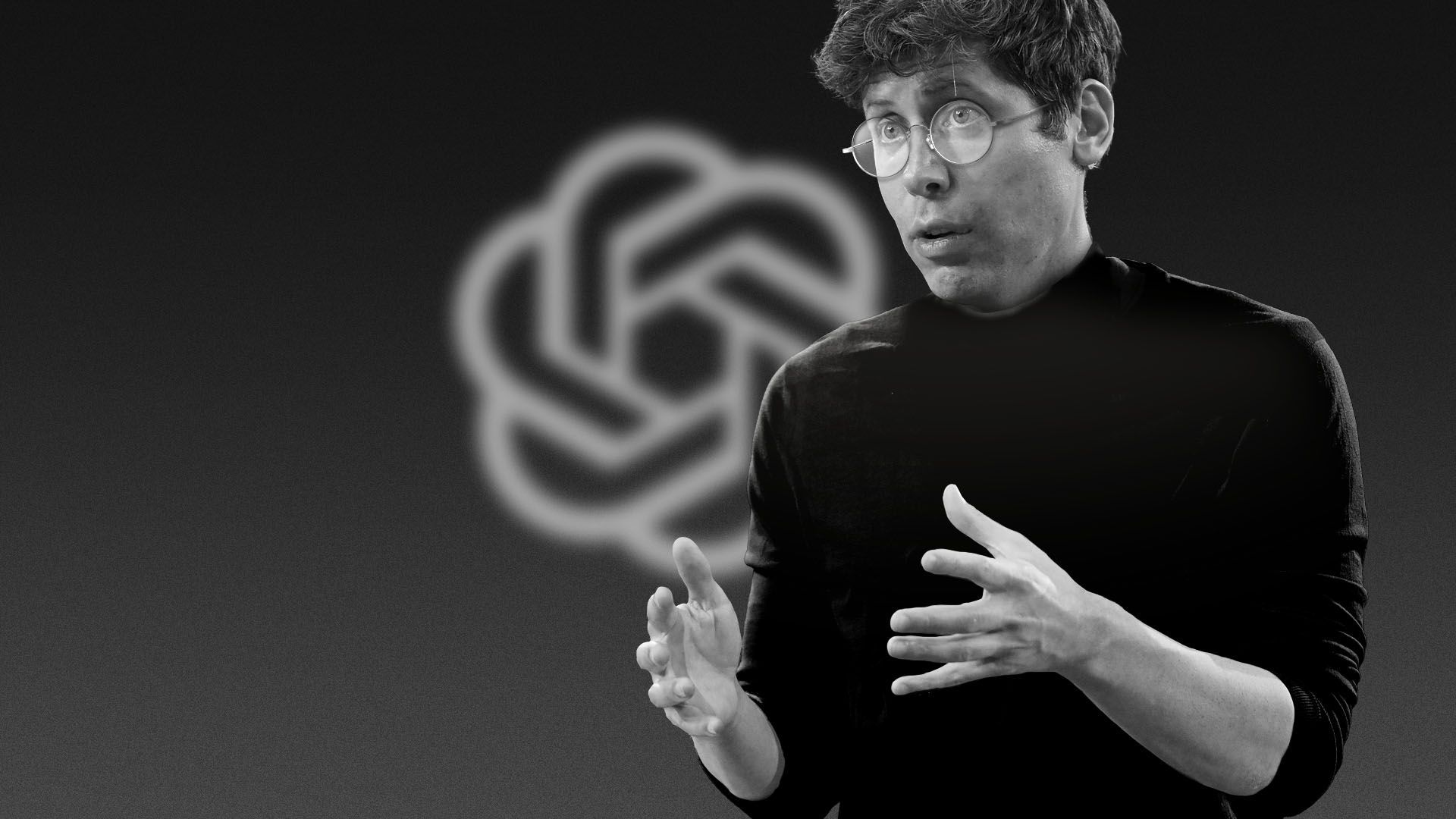 Photo illustration of Sam Altman dressed in Steve Job's classic black turtleneck and glasses with the OpenAI logo behind him