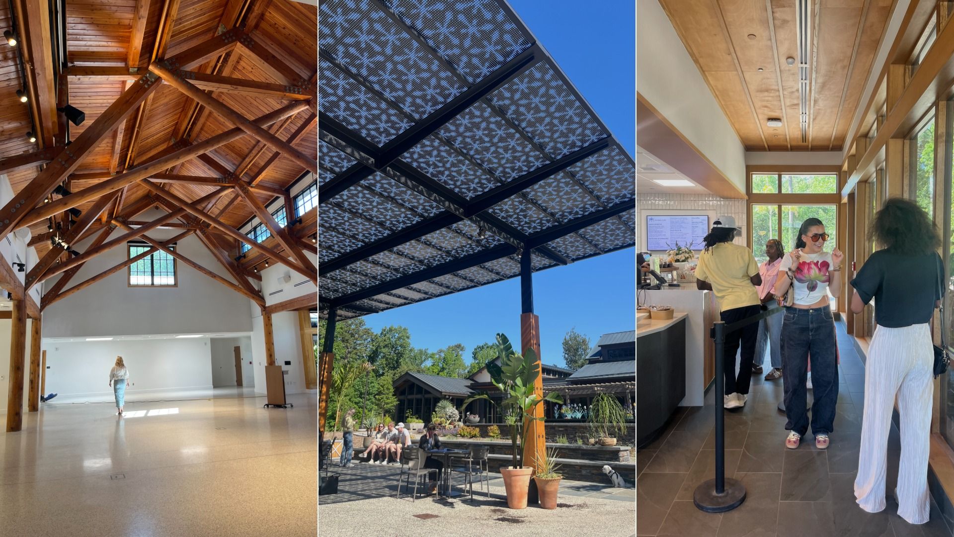 Triptych of a hall with exposed wooden beams, a blue sky behind a patterned metal canopy, and a bright cafe lobby with people at a service counter.