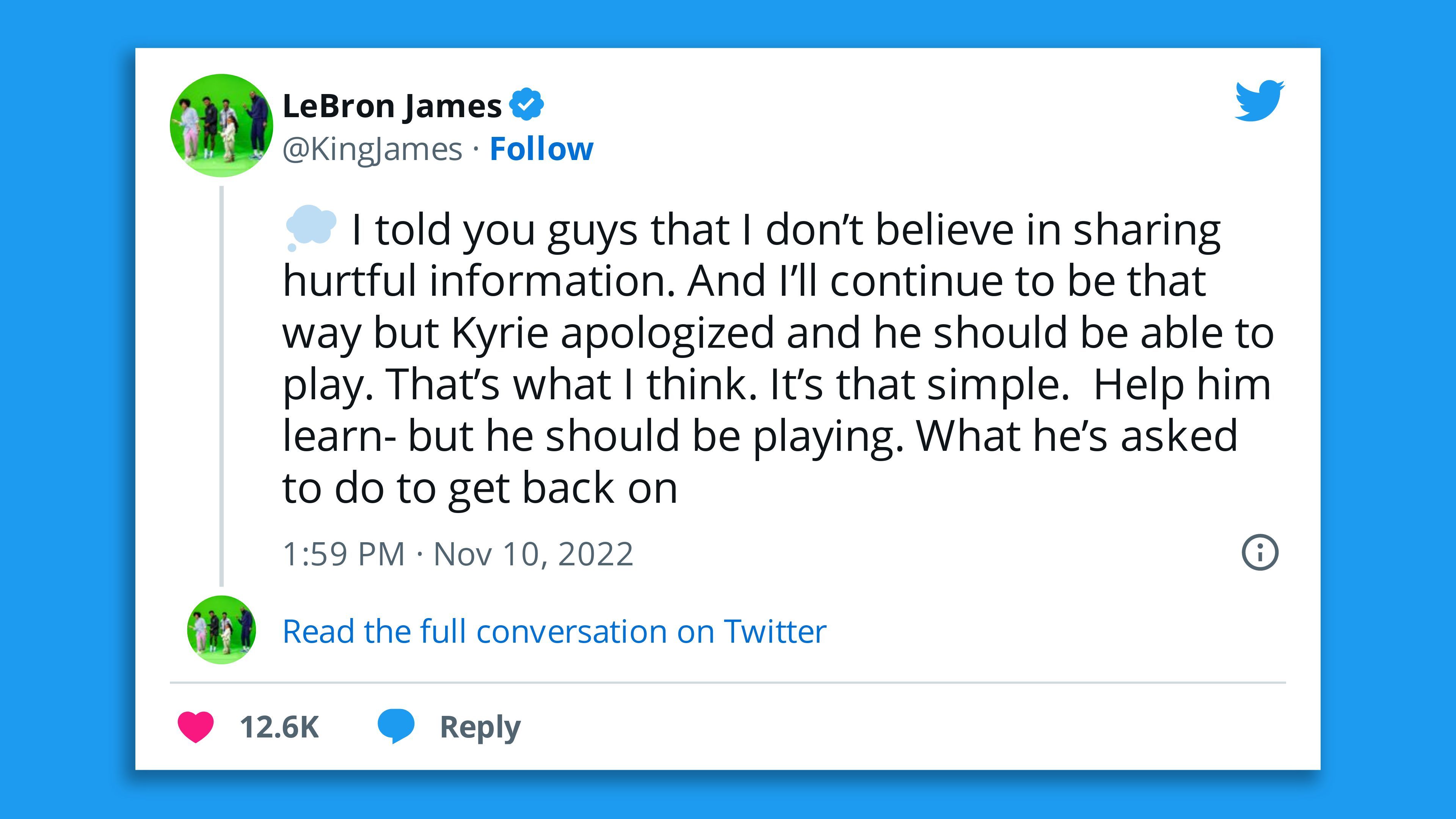 LeBron James tweets about Kyrie Irving. Photo: Screenshot, @KingJames