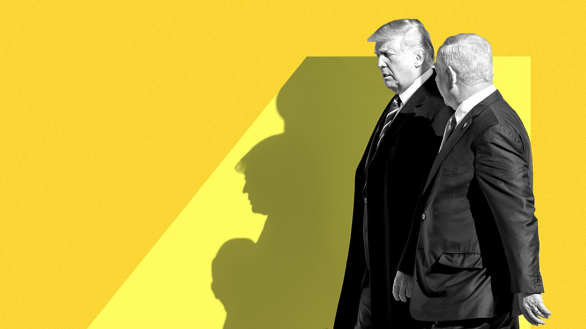 Photo illustration of Donald Trump walking with Benjamin Netanyahu set against their shadows and graphic shapes