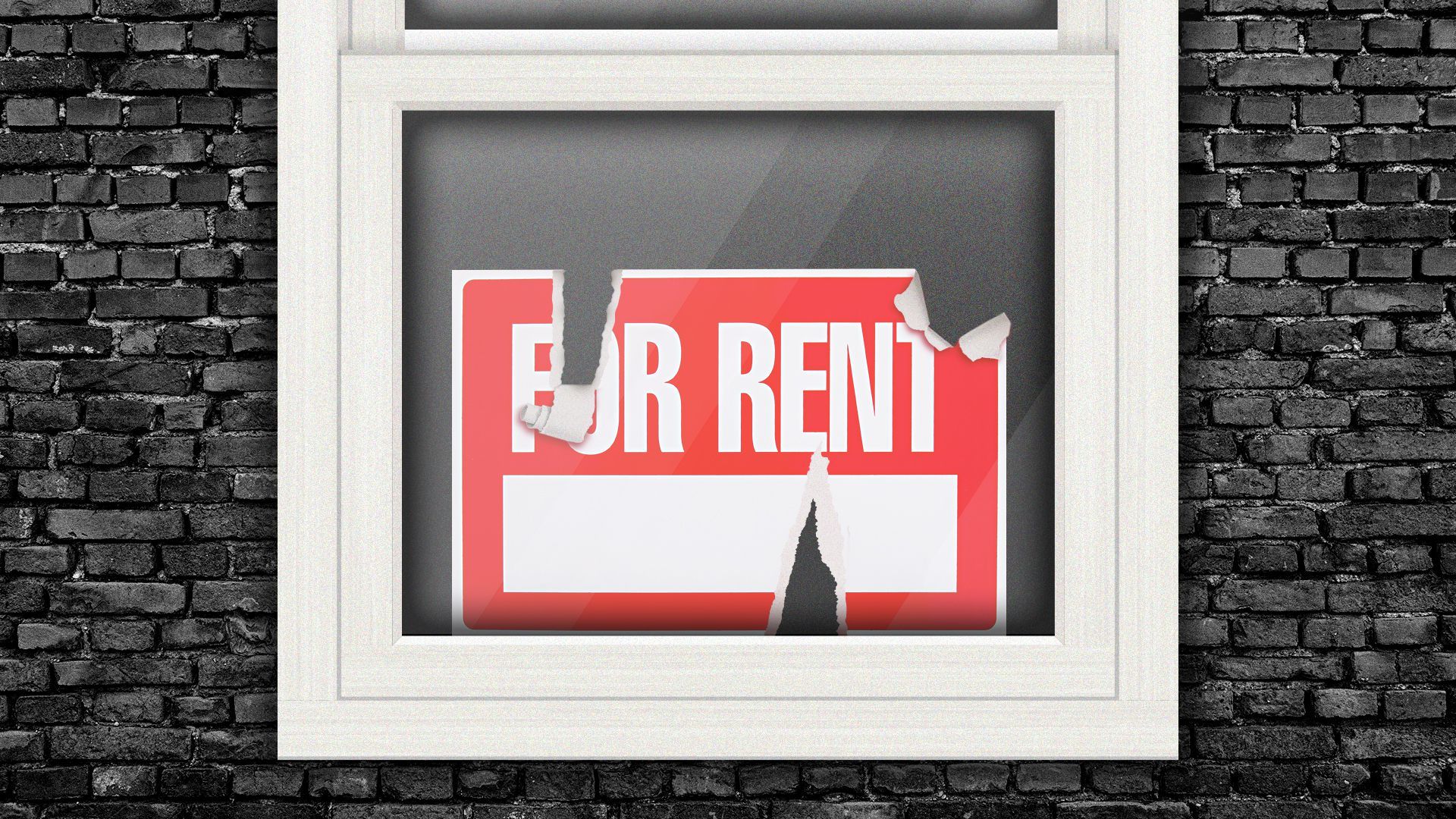 Illustration of a "For Rent" sign in a window, the sign is torn in several places.