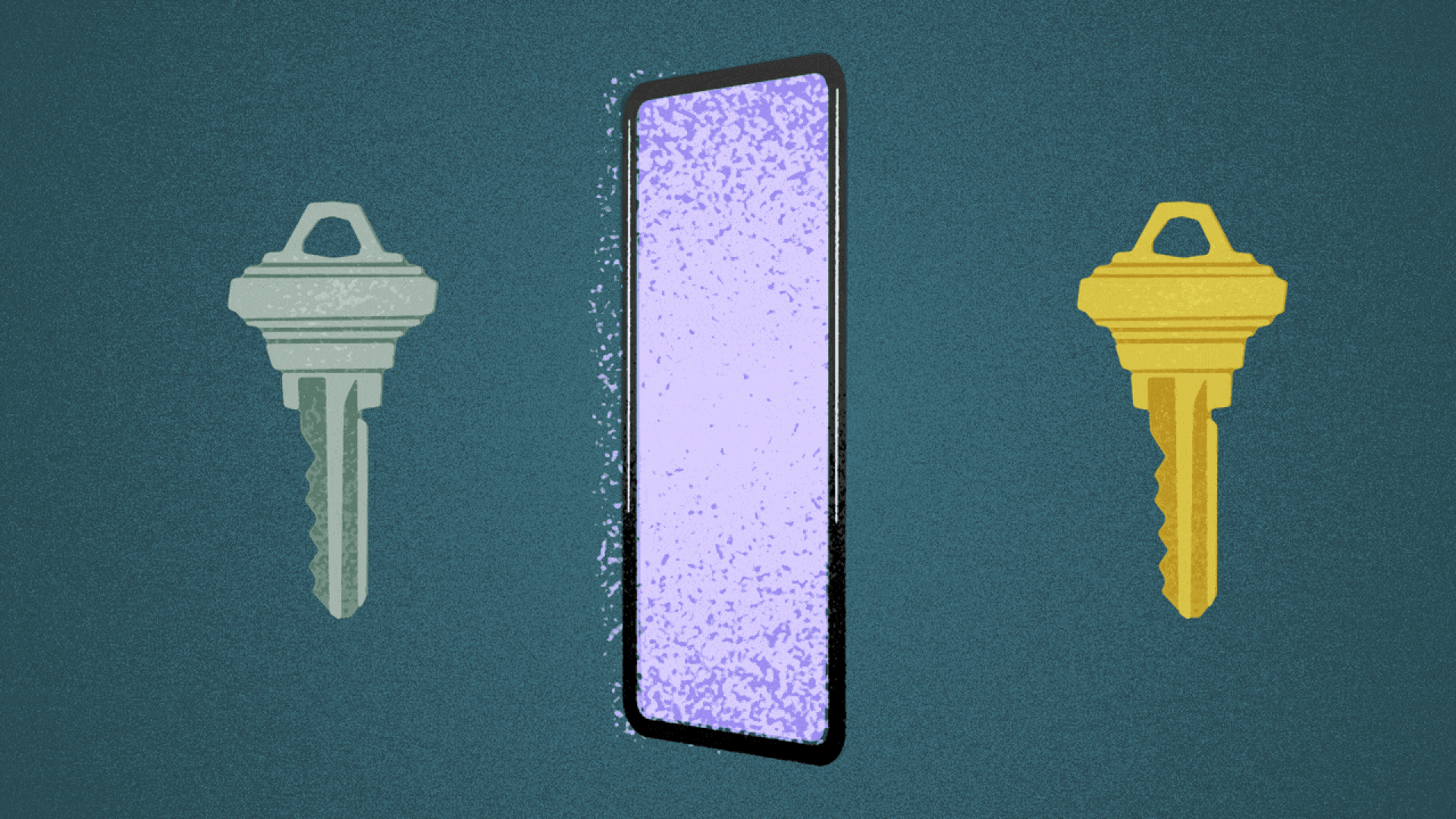 Illustration of two keys, passing through a phone and trading places.