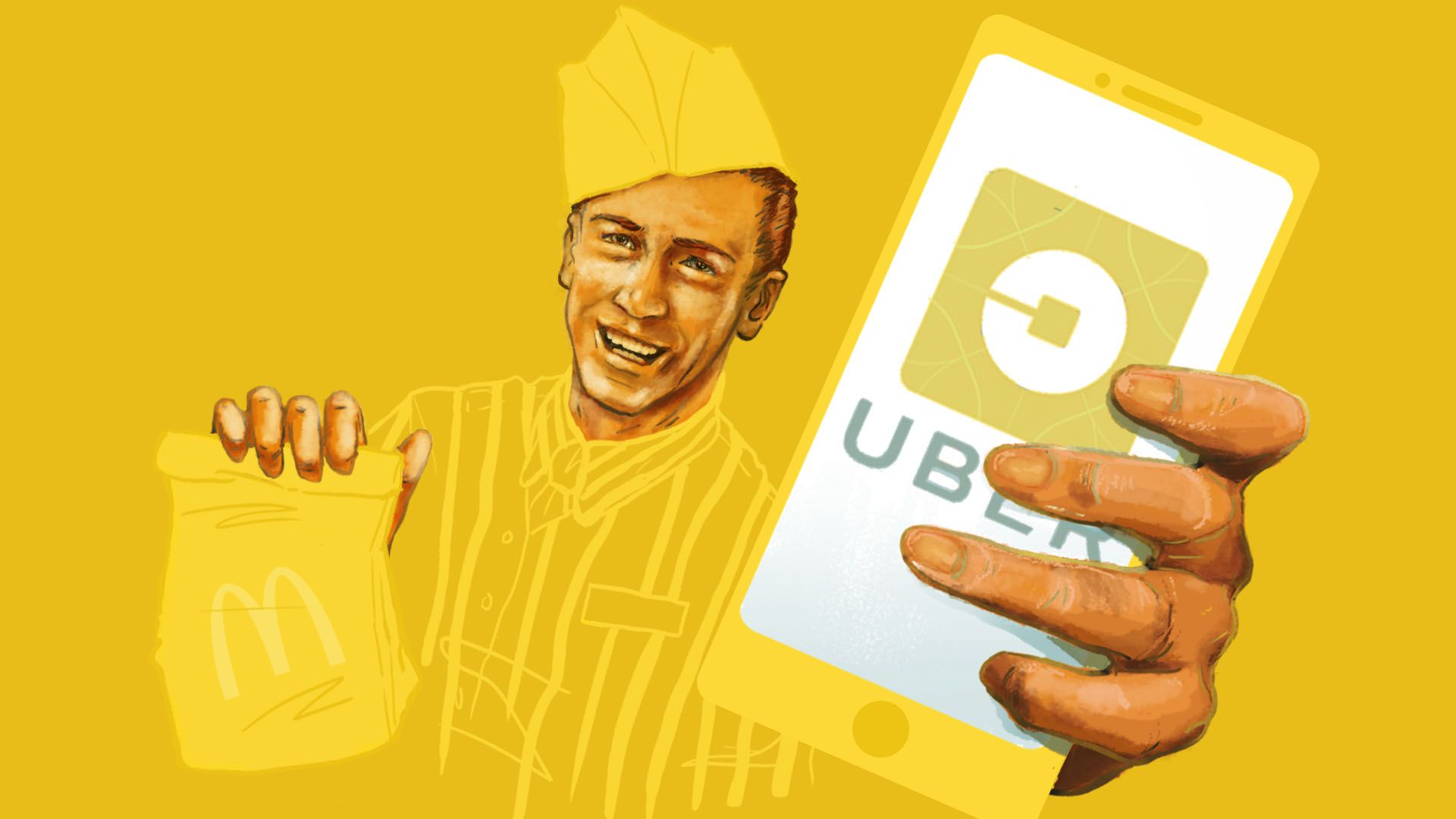 Illustration of man holding a McDonald's bag and a cell phone with the Uber app