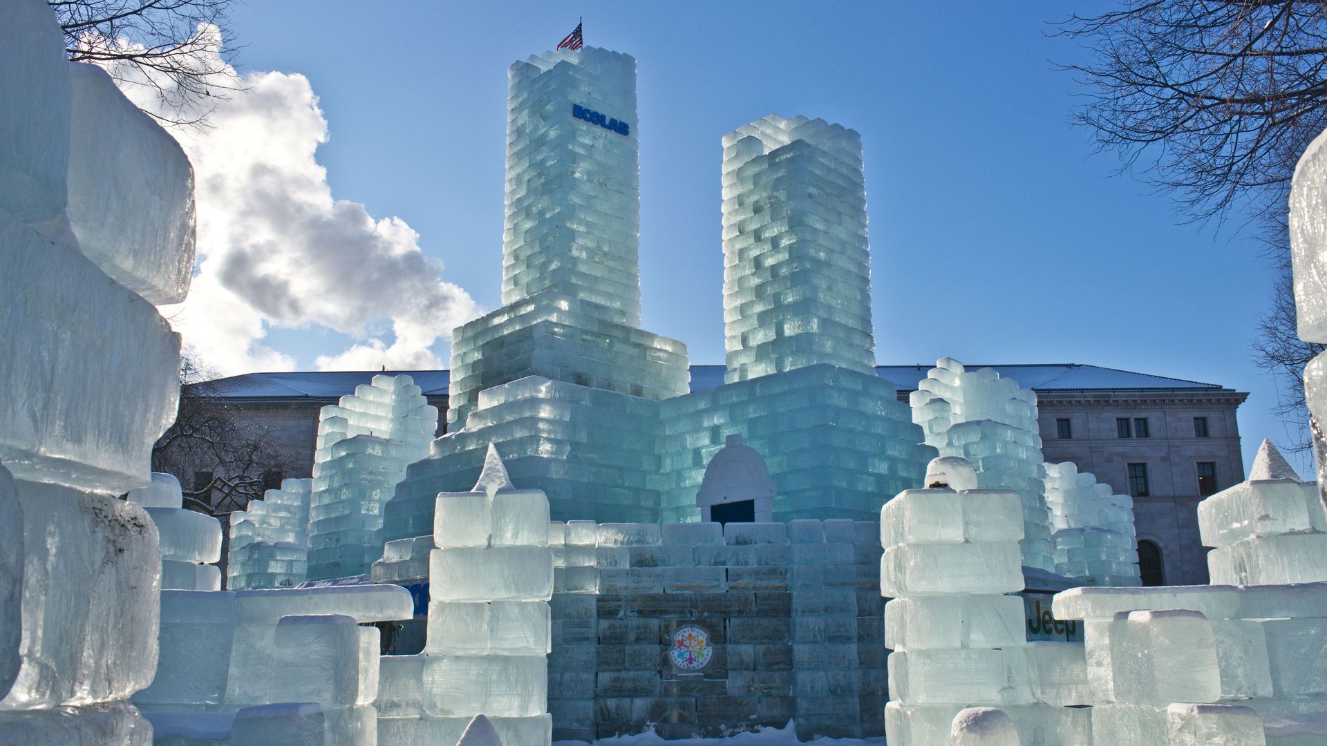 a large palace made out of ice bricks.