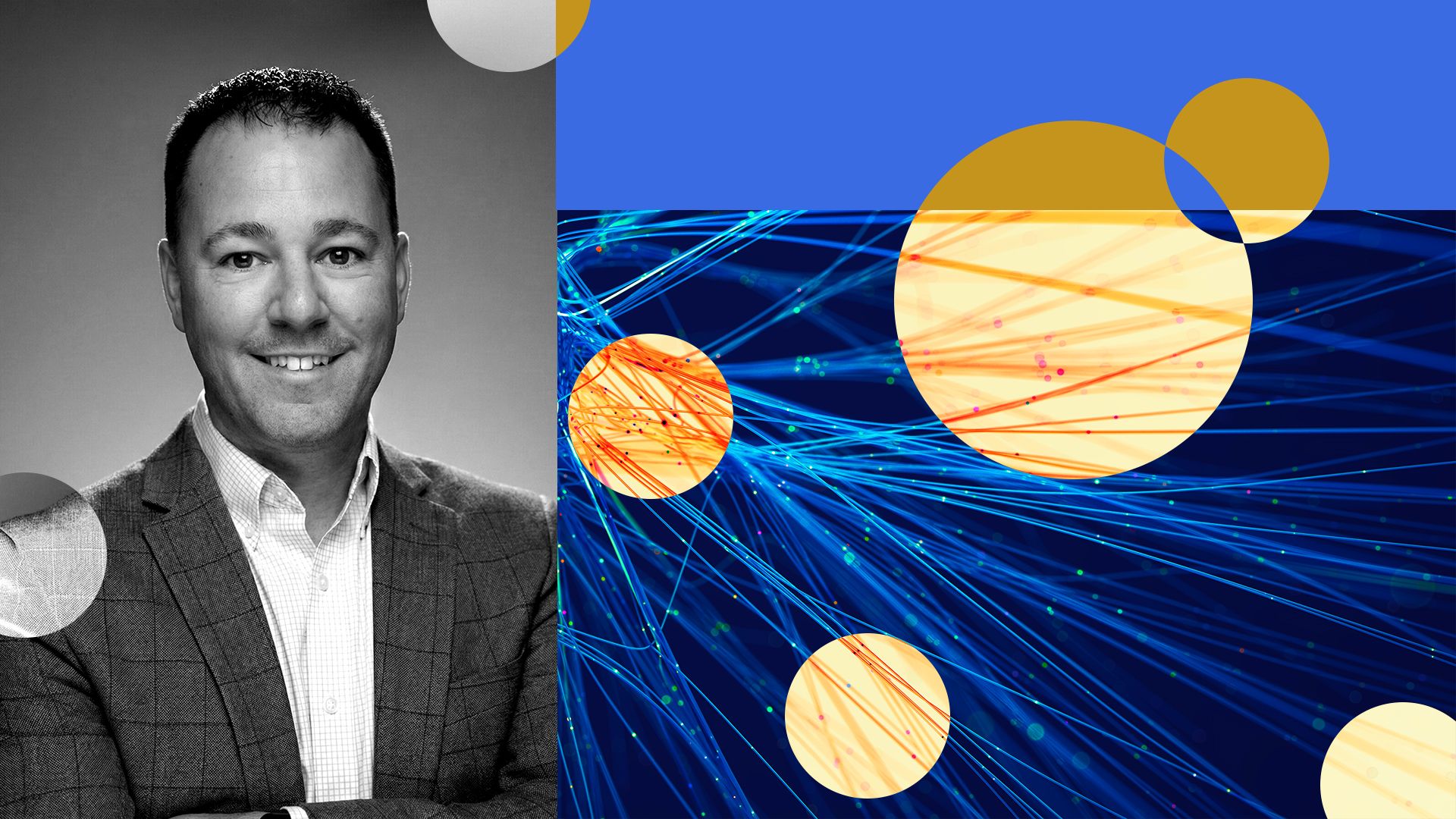 Photo illustration of Dr. Bret Bostwick surrounded by abstract biotech imagery and glowing circles. 