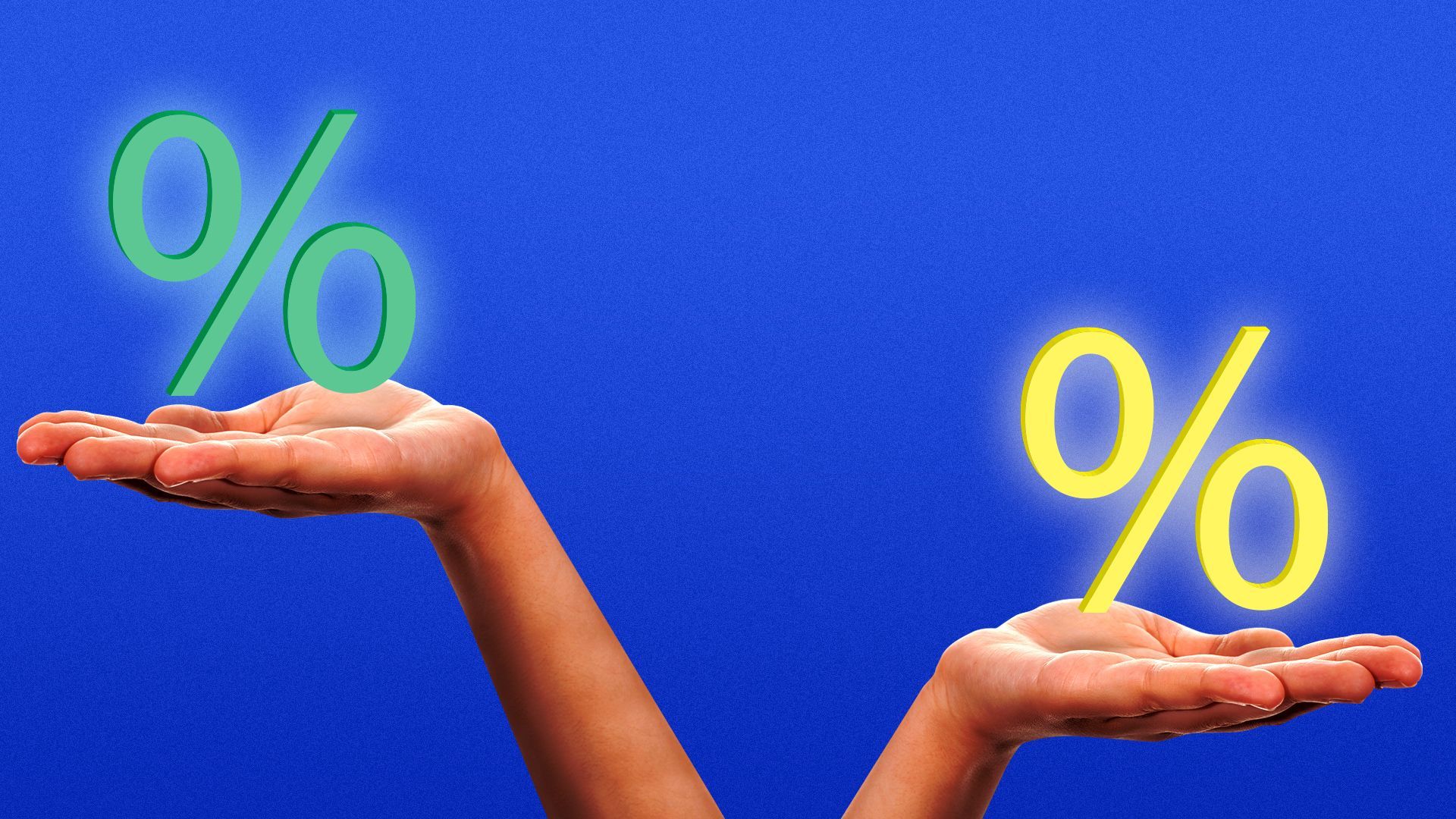 Illustration of two hands holding percentage icons, one hand is higher than the other. 