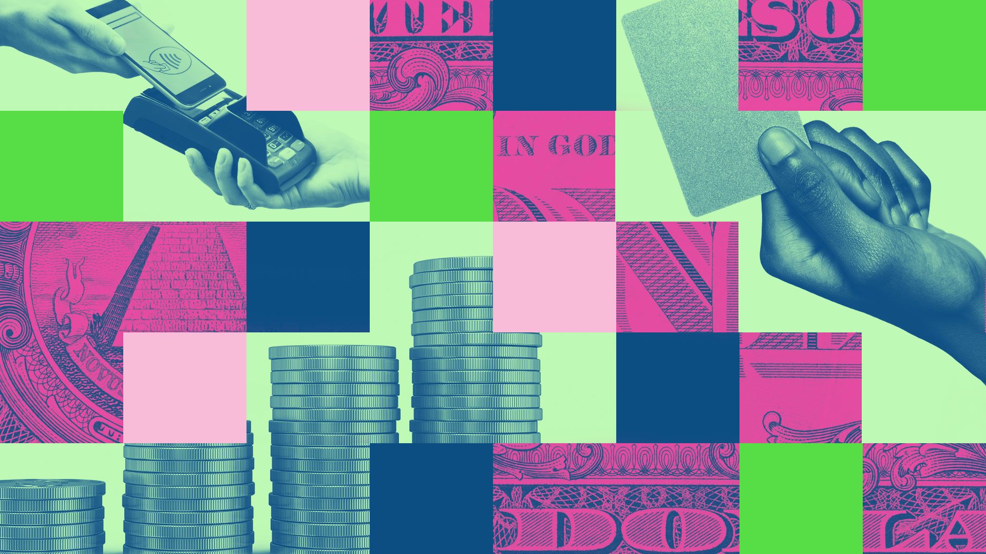 an illustration of a grid consisting of colorful rectangles, money, and banking and payment related photographs