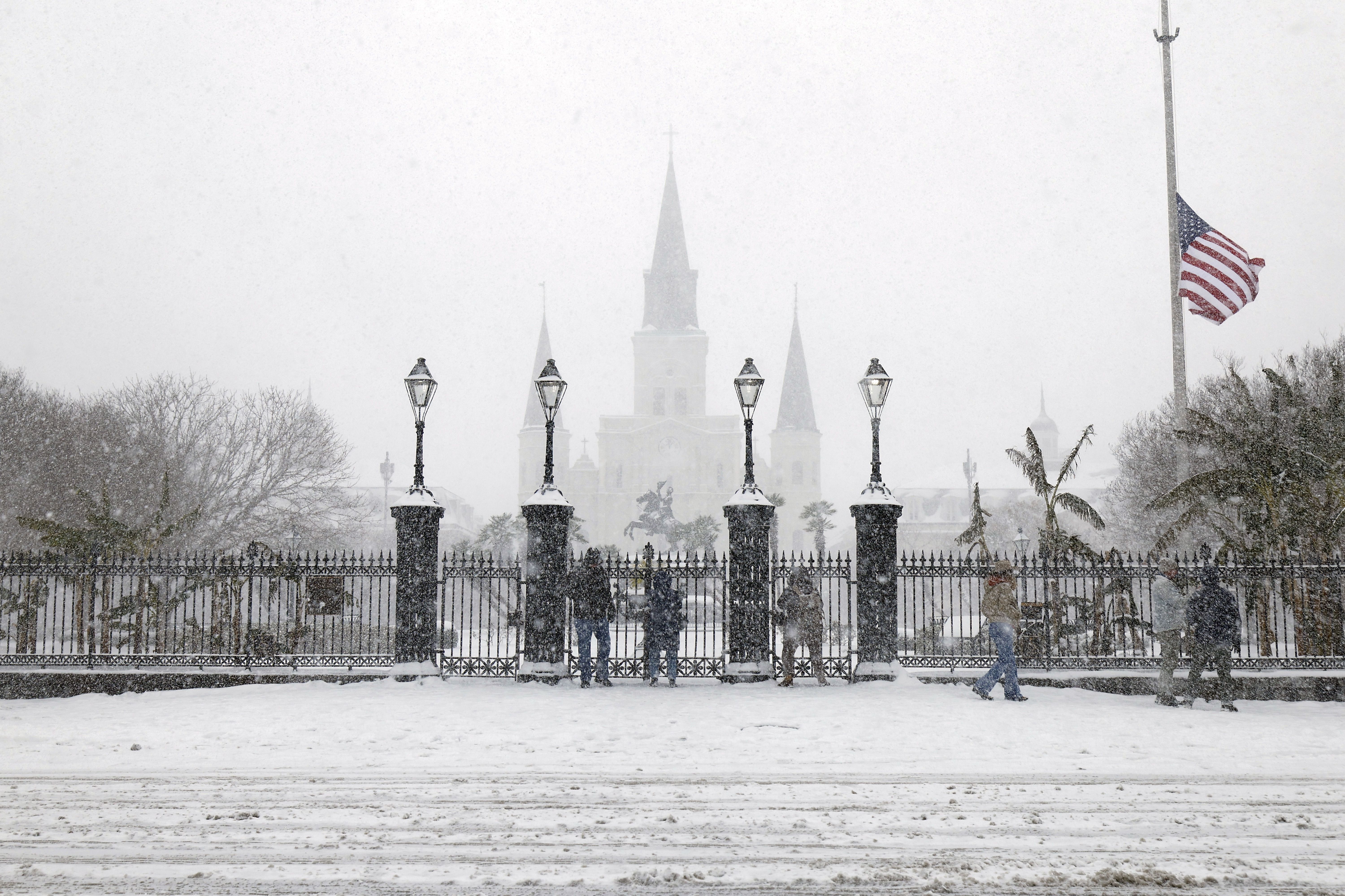 Photo shows snow in Jackson Square.