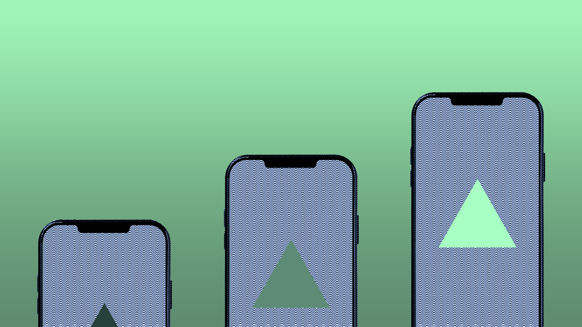 Gradient green backdrop with three large smartphones in a row, each with dark borders and blue wavy patterned screens. Inside each screen is a pale green triangle of increasing size from left to right.