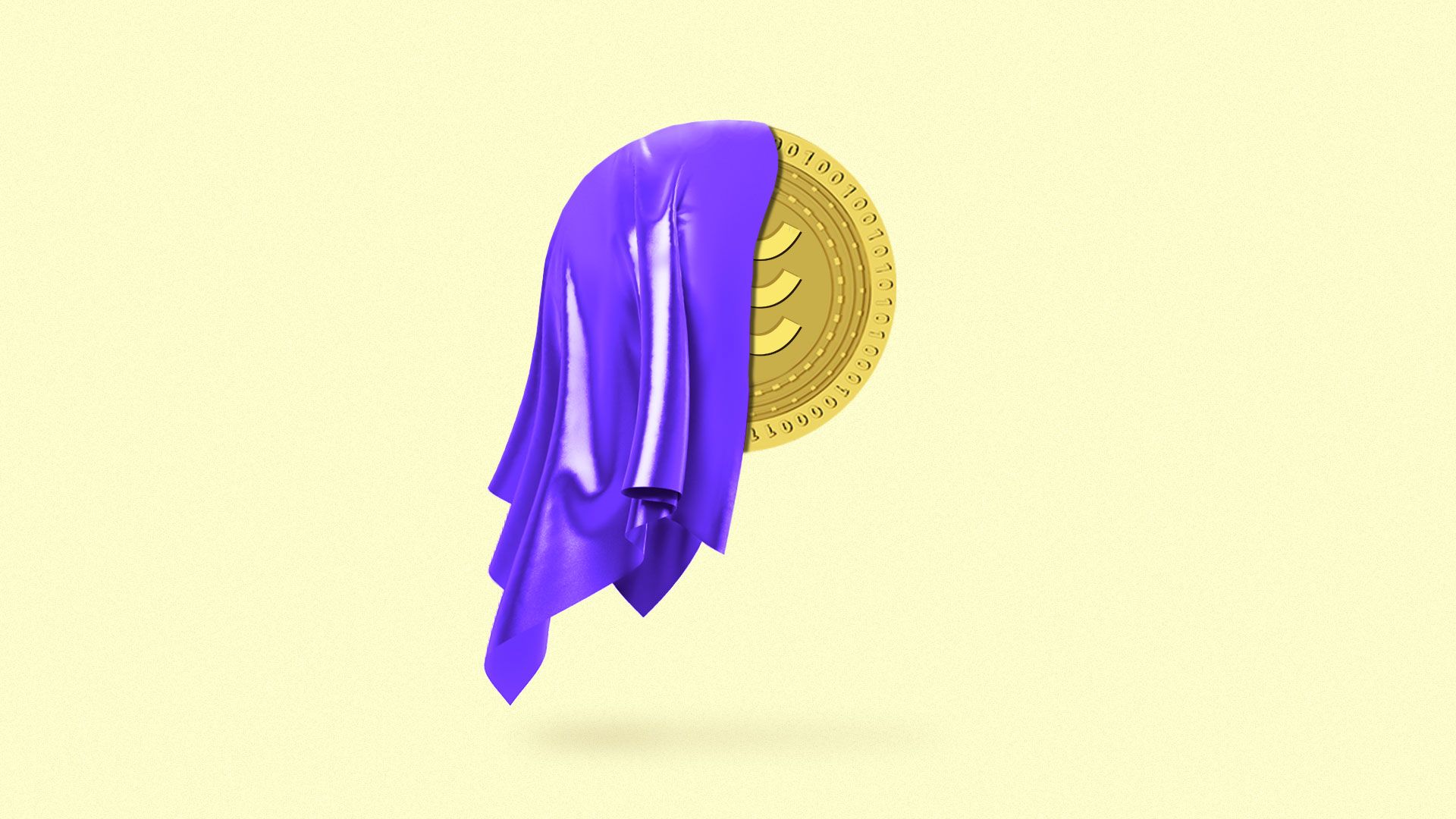 Illustration of a crypto coin with the libra logo on its face being revealed from underneath a cloth.