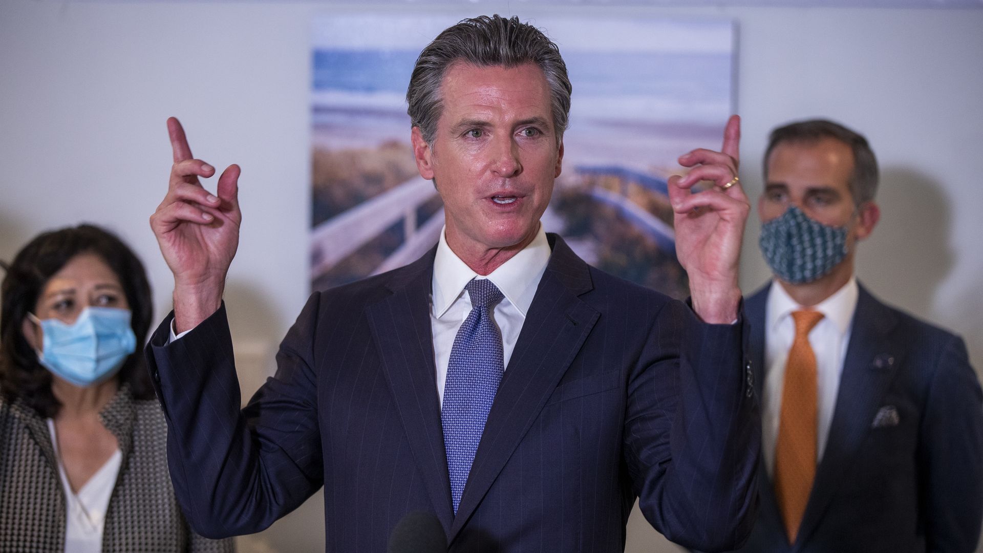 Gov. Gavin Newsom speaks to reporters at Alvarado Care Home in Los Angeles on Wednesday, Sept. 29,