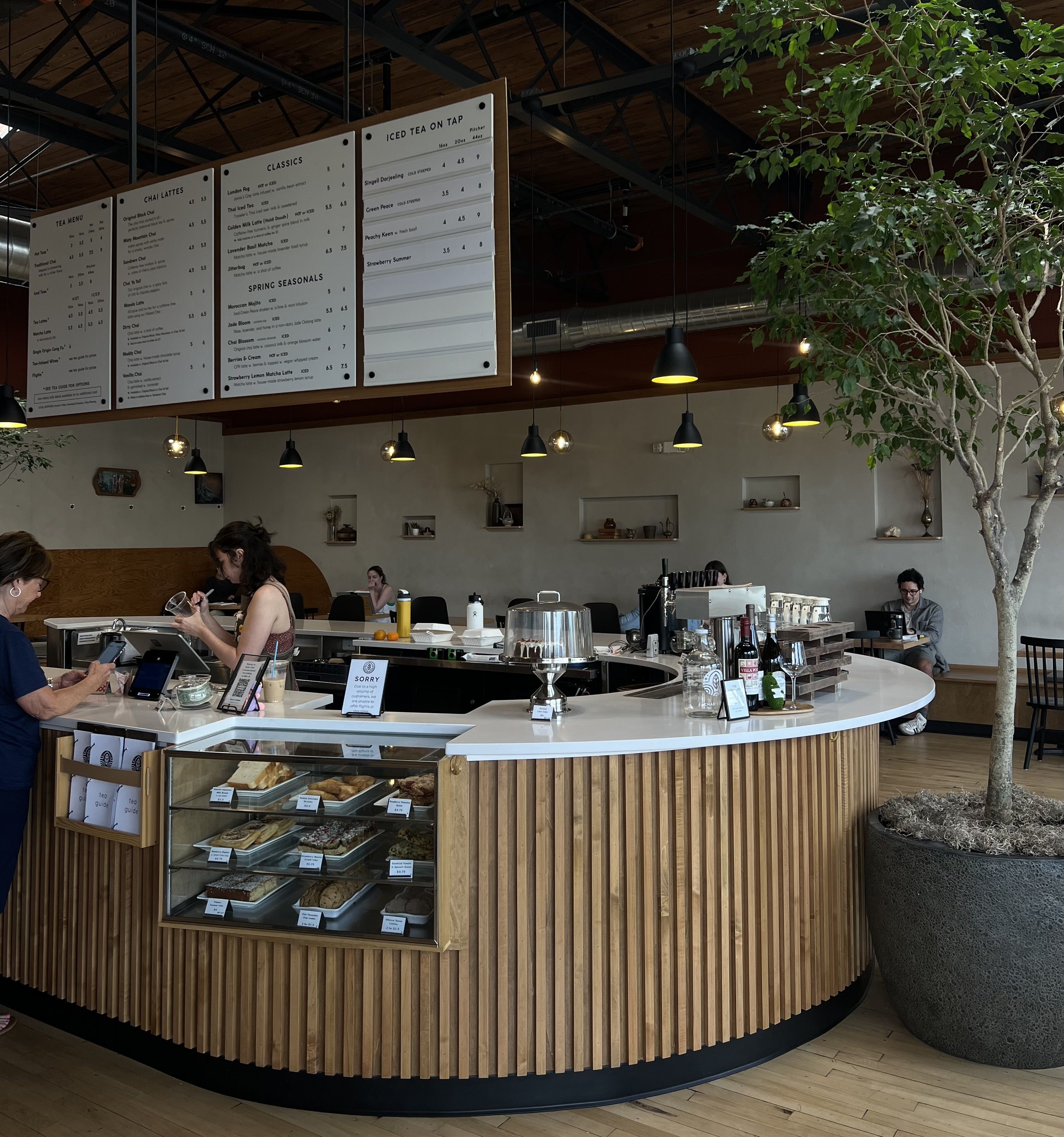 Interior of a modern cafe with a curved wooden counter, glass pastry display, large hanging menus, and warm pendant lights; a tree sits to the right as customers work and chat.