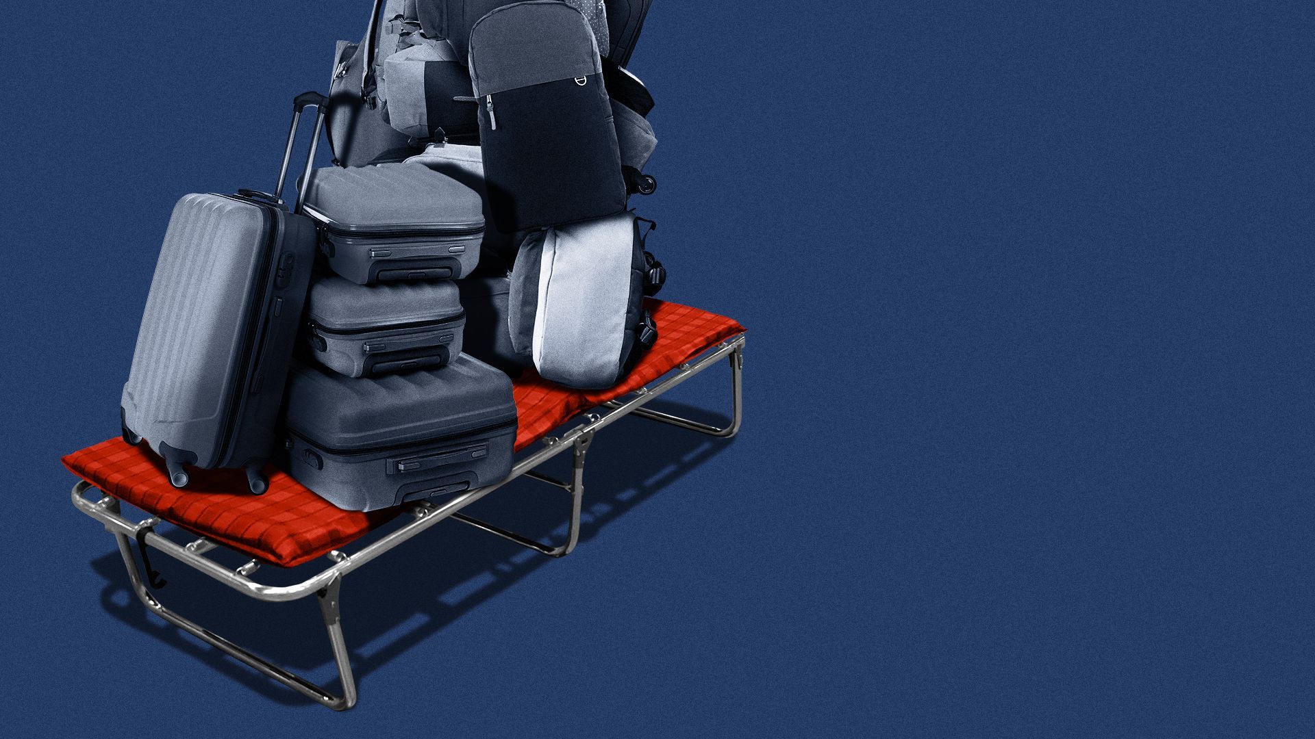 Illustration of a pile of suitcases on a cot.