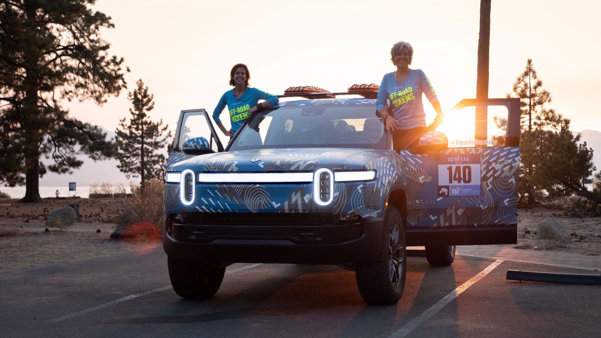 Rebecca Donaghe, left, and Emme Hall ahead of the off-road challenge. Photo: Rivian