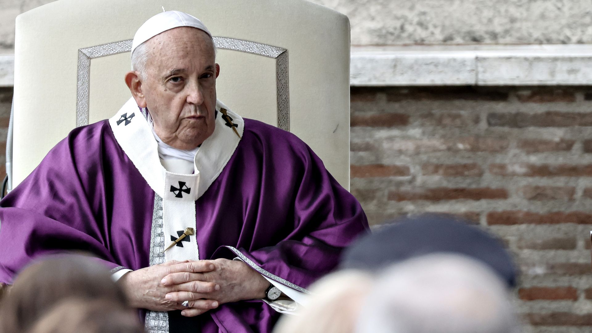  Pope Francis celebrates Mass for All Souls' Day at Rome’s Military Cemetery on November 02, 2023 in Vatican City, Vatican. 