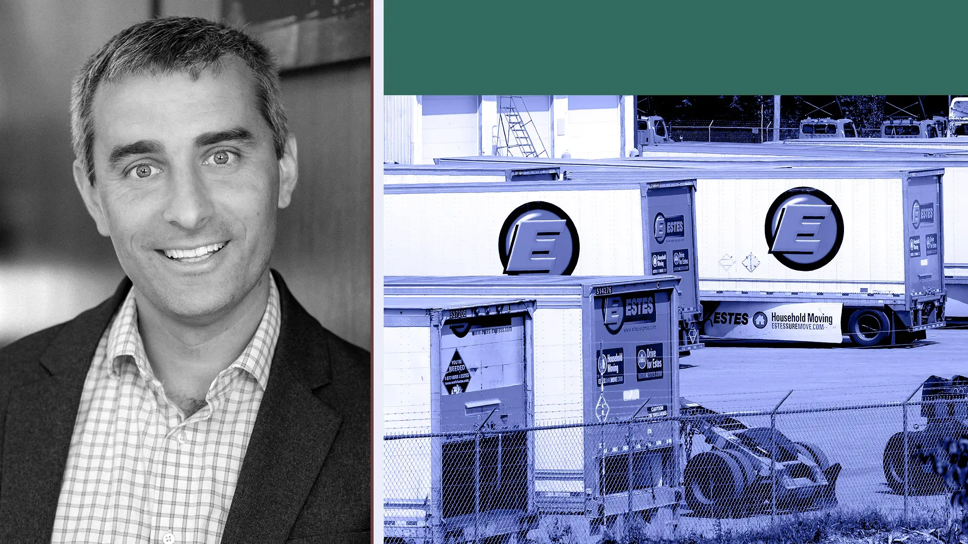 A graphic with a photo of Estes Express Lines President and COO Webb Estes and a photo of Estes trailers.