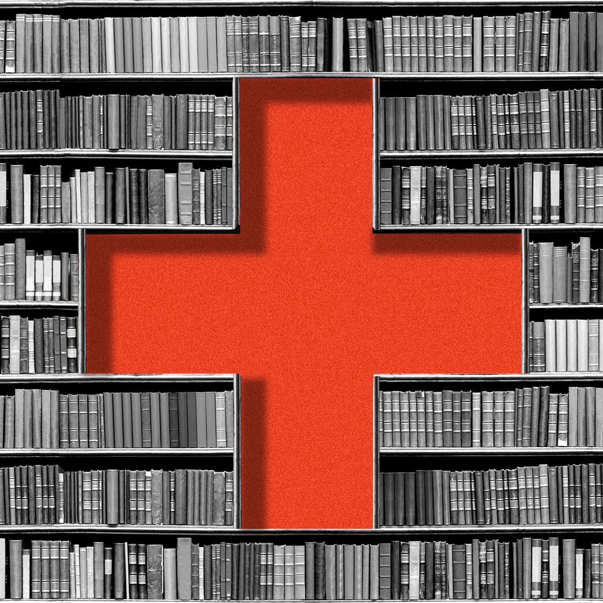 Illustration of a book shelf with a health plus made from negative space.