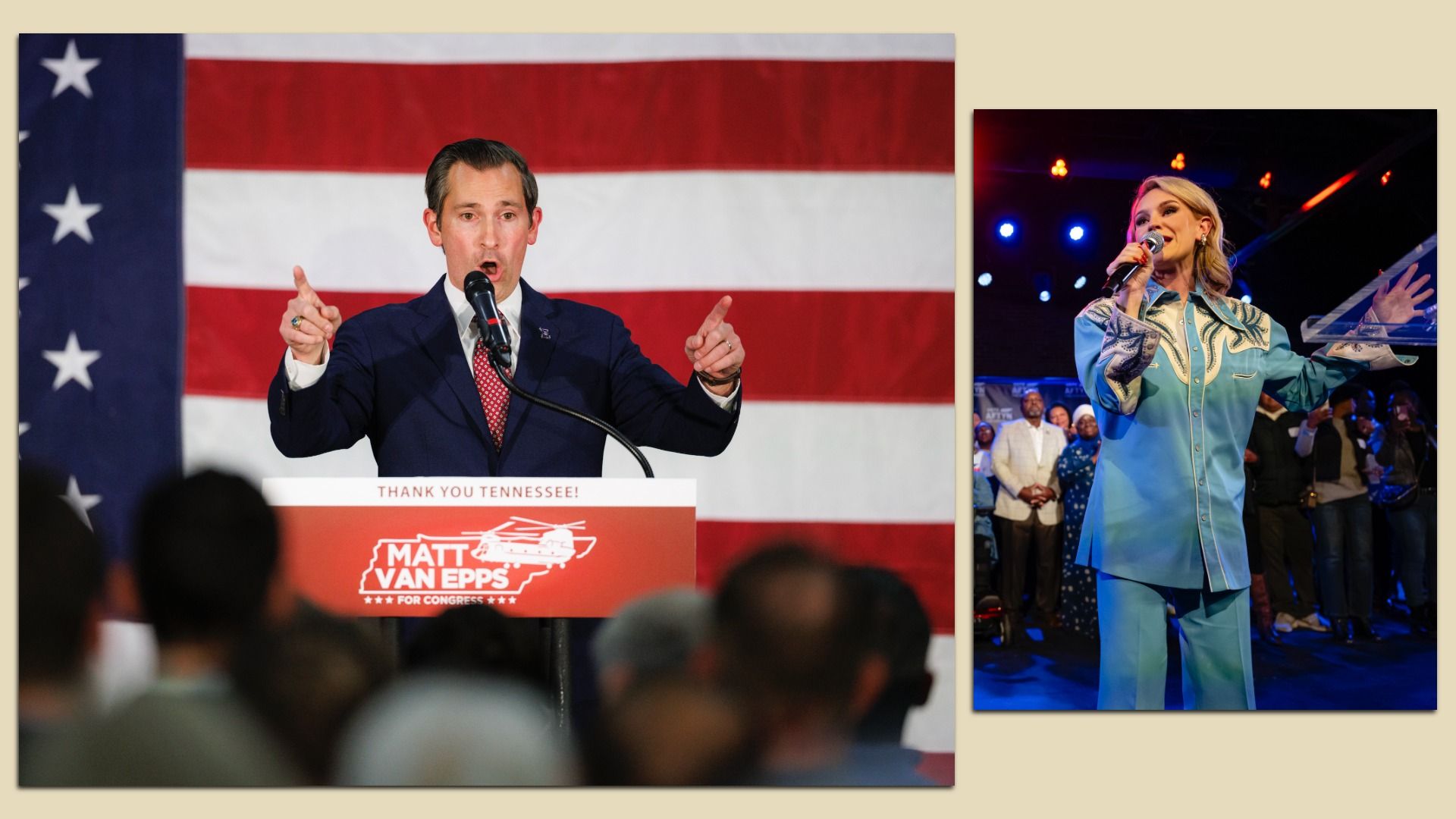 Rep.-elect Matt Van Epps (R-Tenn.) celebrates and Aftyn Behn delivers her concession speech in Nashville last night. Photos: Getty Images