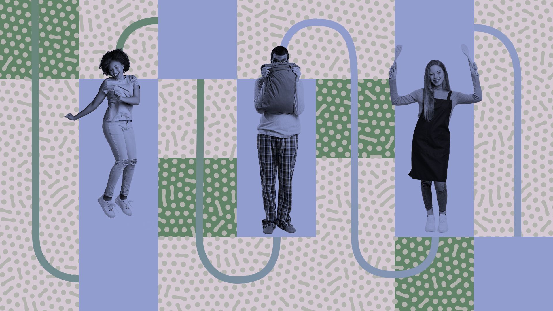 Illustration of people dancing, cooking, and wearing pyjamas, cut up in a grid, fading in and out of an abstract bacteria pattern.