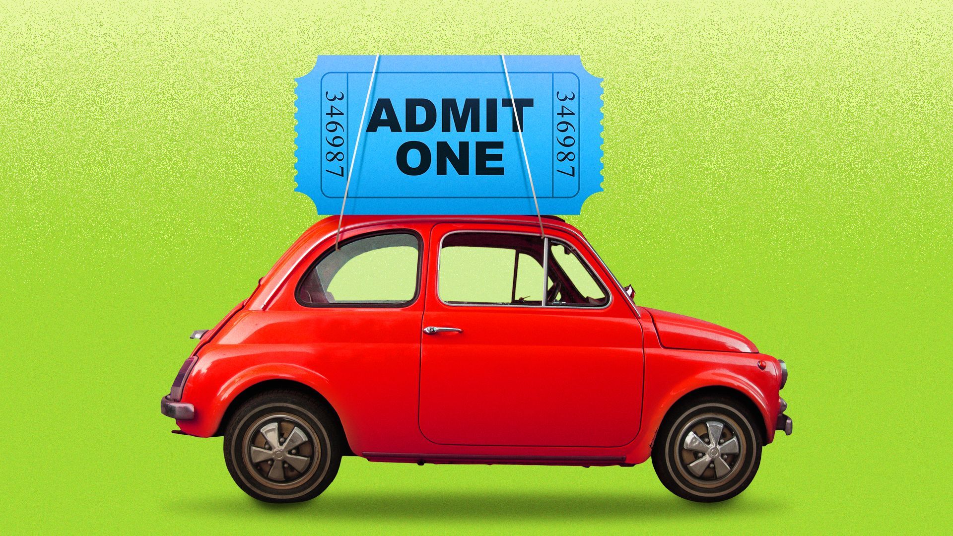 Illustration of a retro car with a giant ticket tied to the roof.