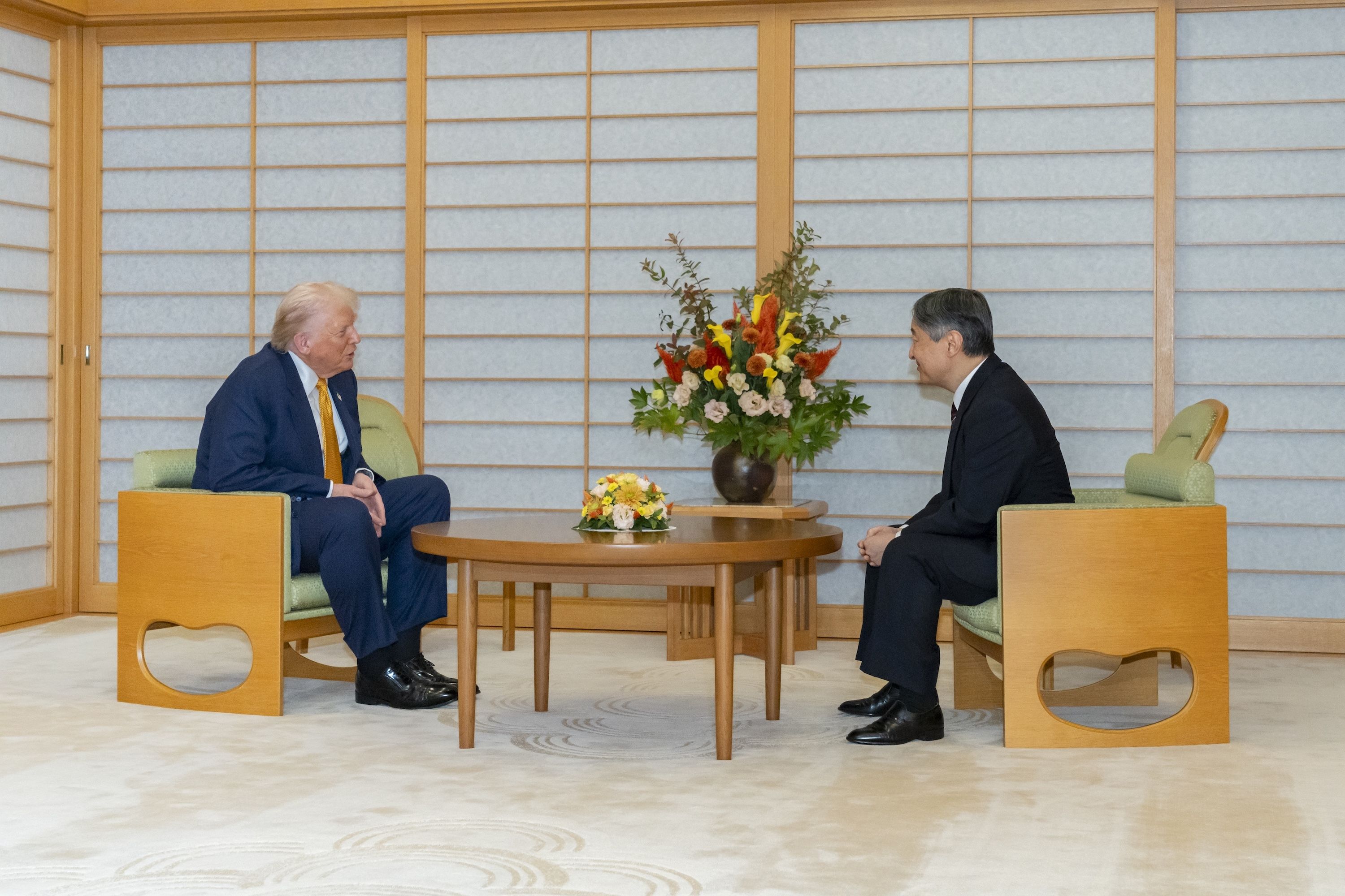 U.S. President Donald J. Trump (L) meets with Japan's Emperor Naruhito (R) in Tokyo, Japan on October 27, 2025. (Photo by Imperial household Agency / Handout/Anadolu via Getty Images)